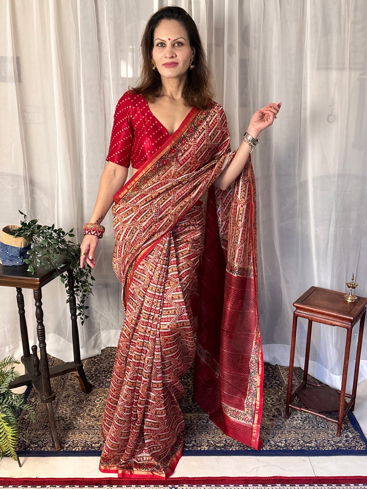 Red & Cream Natual Dyed Bagru Hand Block Print Chanderi Silk Sari with Gold Print