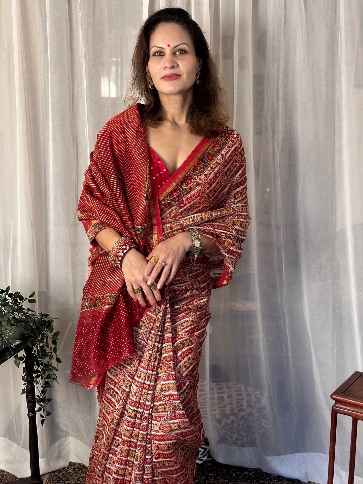 Red & Cream Natual Dyed Bagru Hand Block Print Chanderi Silk Sari with Gold Print