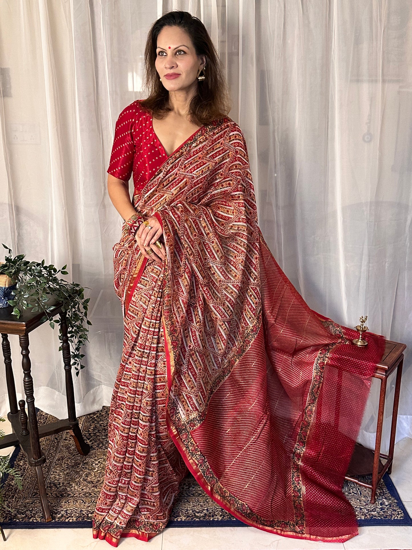 Red & Cream Natual Dyed Bagru Hand Block Print Chanderi Silk Sari with Gold Print