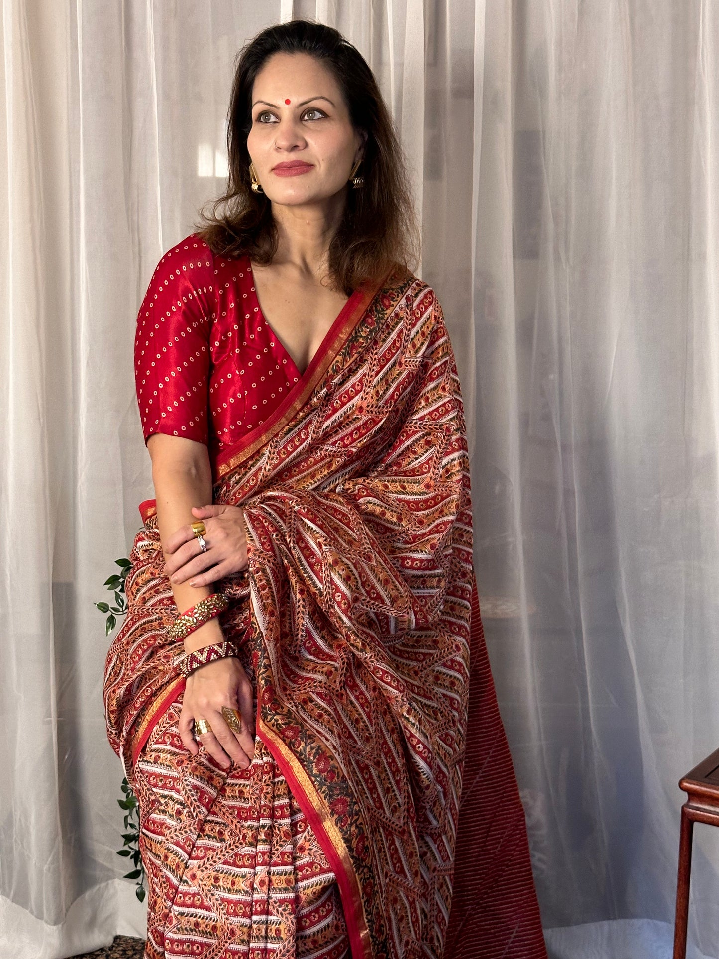 Red & Cream Natual Dyed Bagru Hand Block Print Chanderi Silk Sari with Gold Print