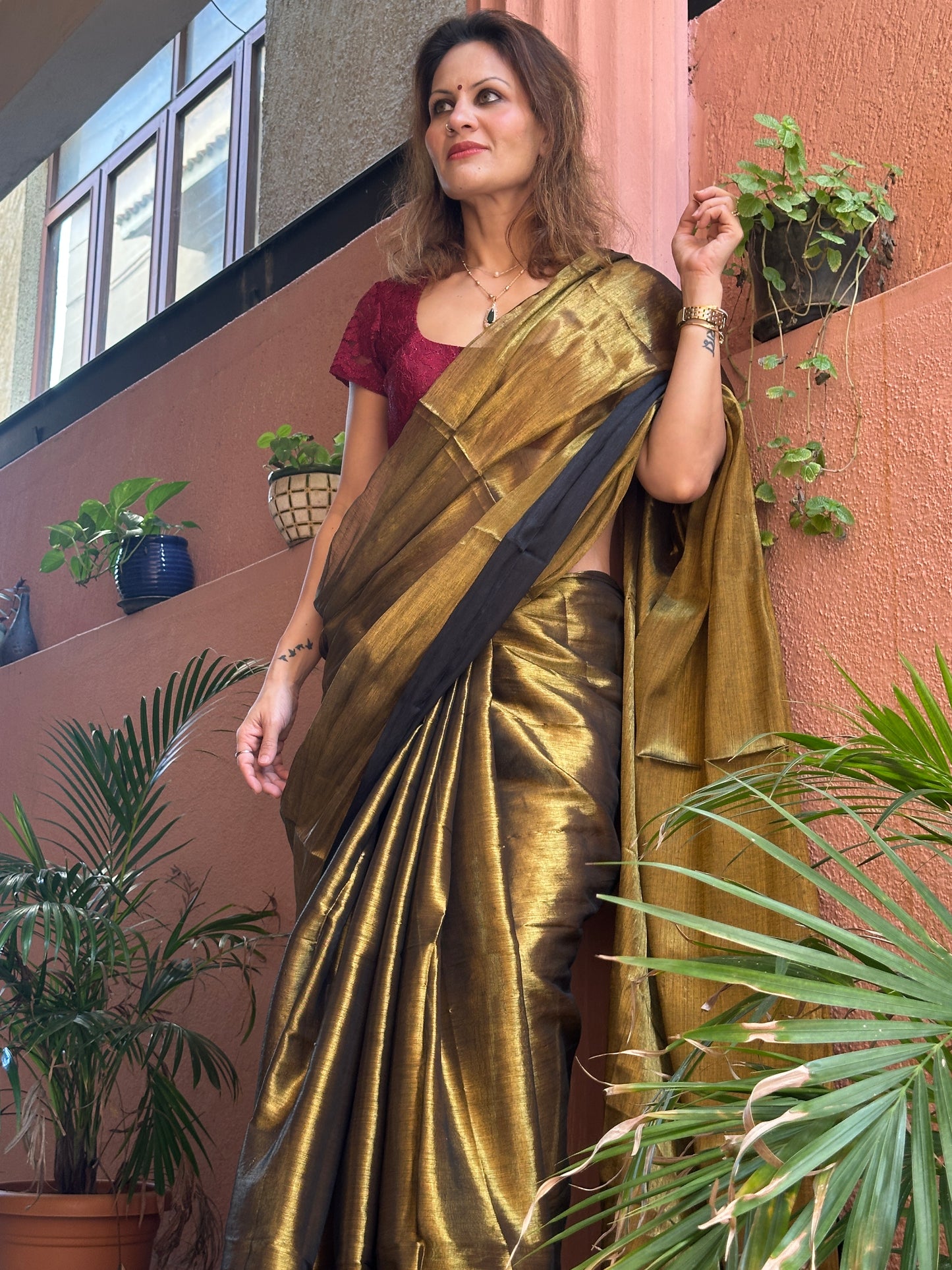 Antique Gold Pure Mul Mul Handwoven Tissue Cotton Saree with Thick Black Border