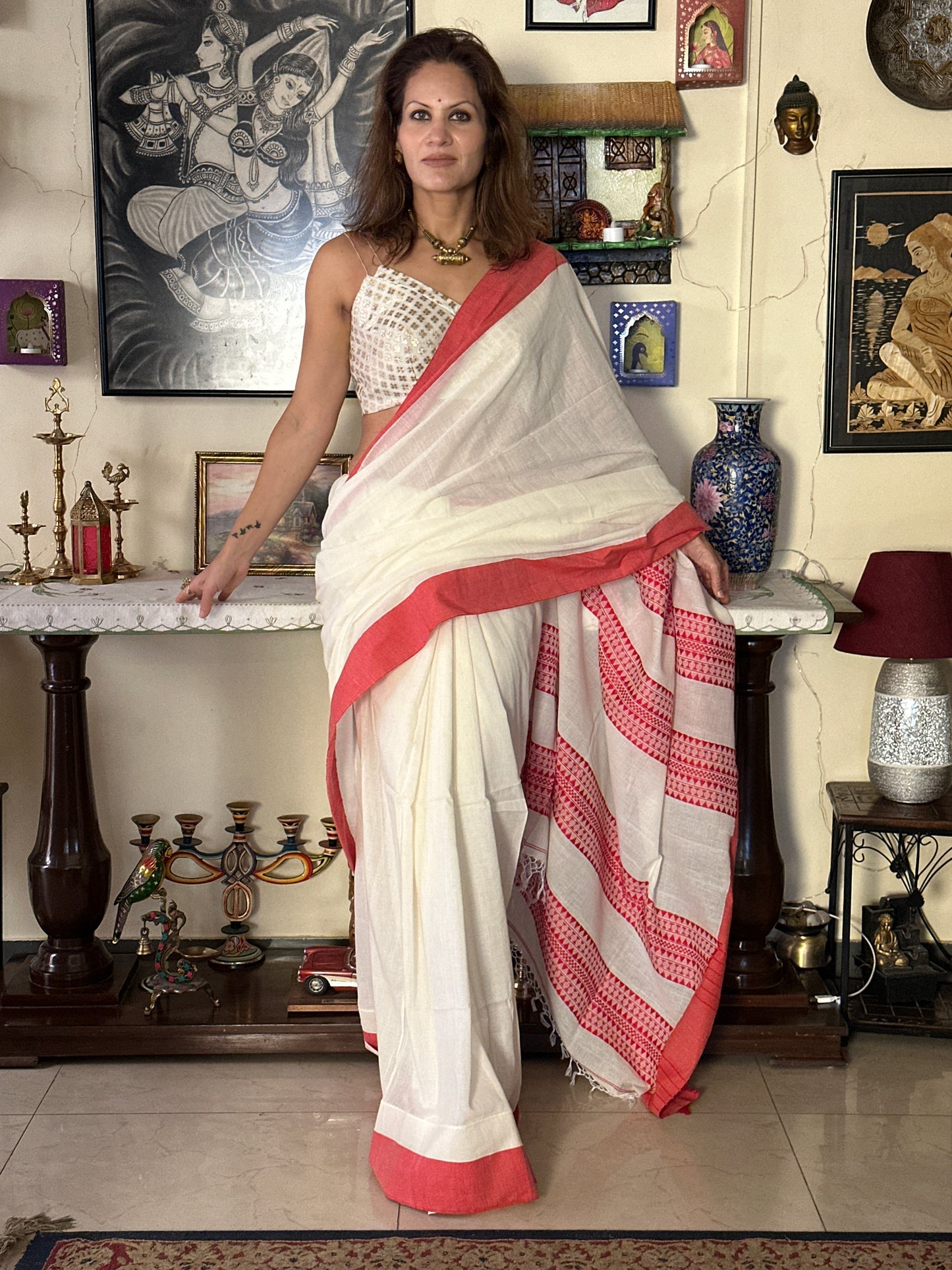 Cream Soft Handloom Cotton Saree with Red Border