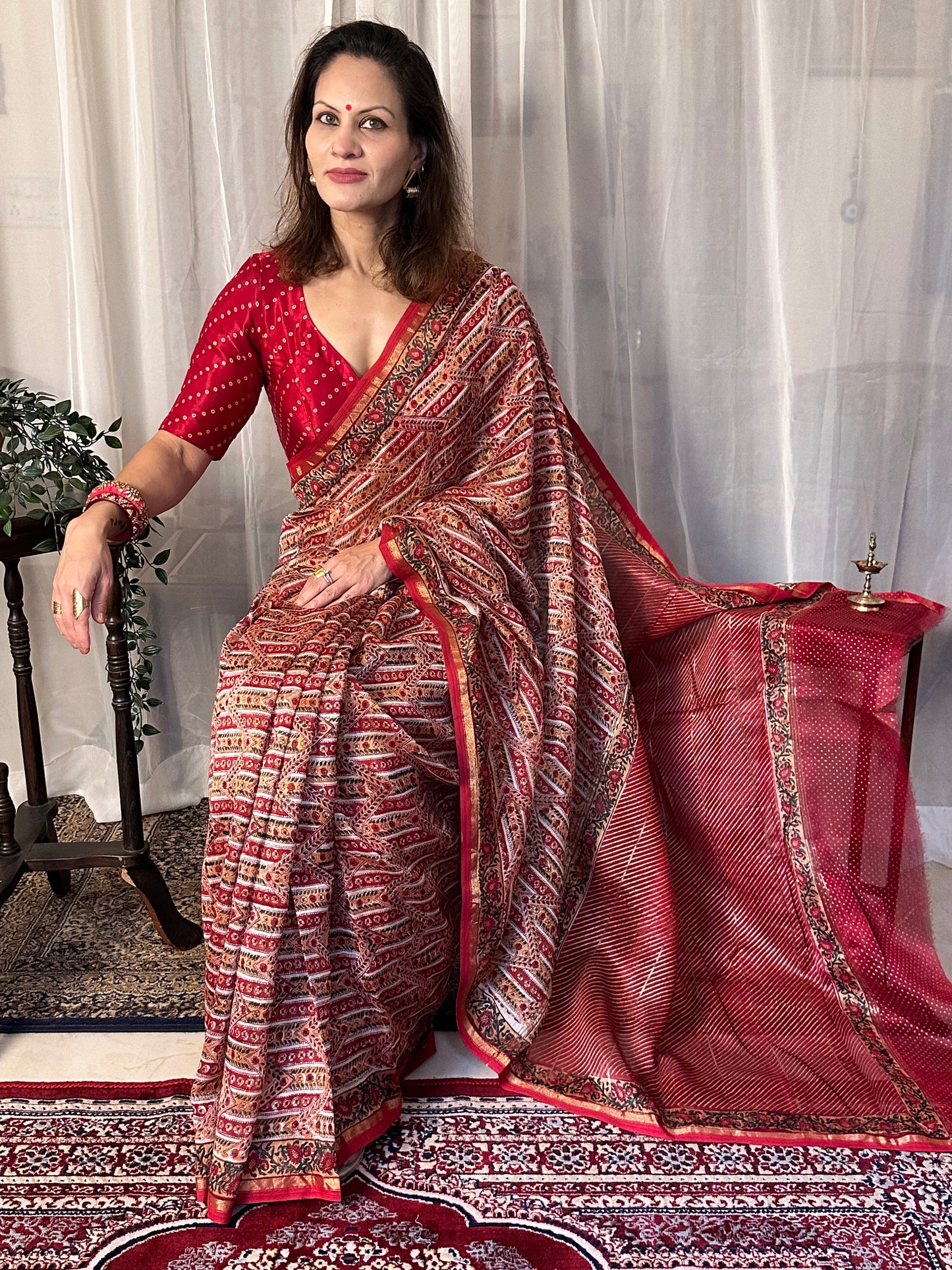 Red & Cream Natual Dyed Bagru Hand Block Print Chanderi Silk Sari with Gold Print