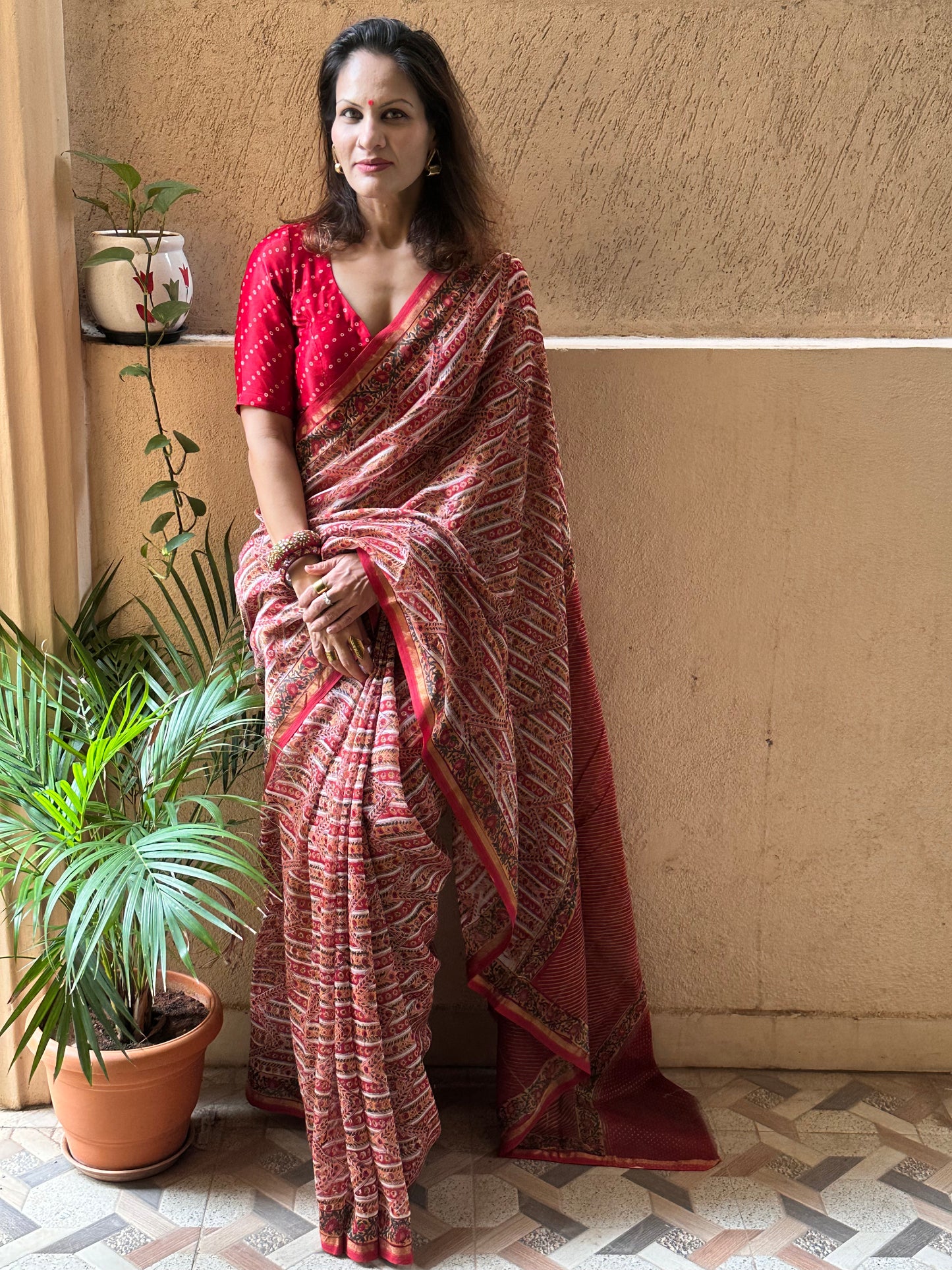 Red & Cream Natual Dyed Bagru Hand Block Print Chanderi Silk Sari with Gold Print