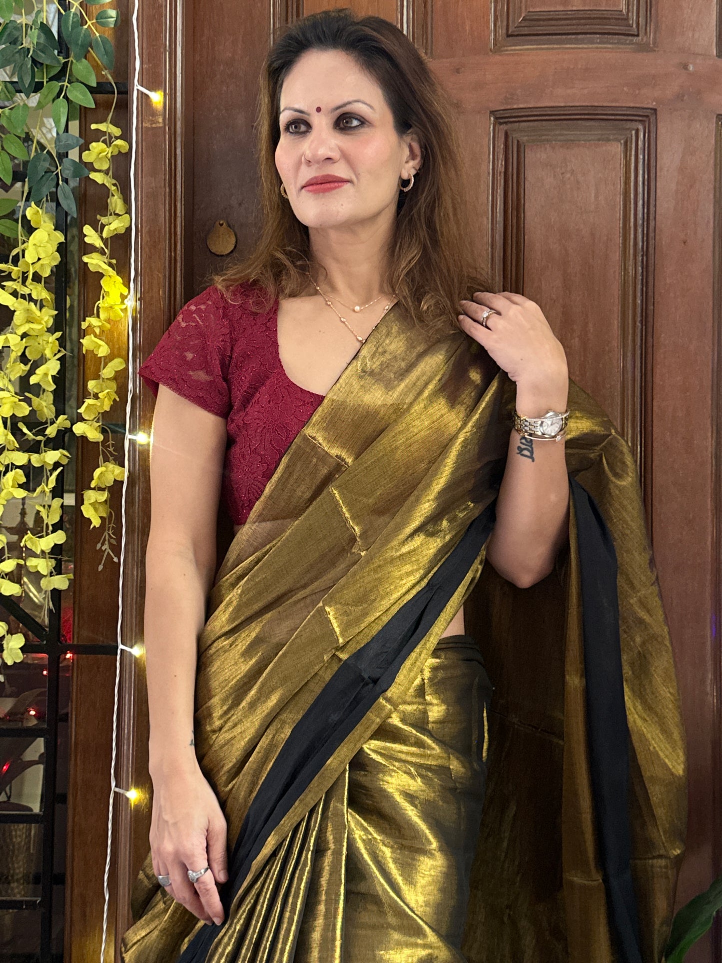 Antique Gold Pure Mul Mul Handwoven Tissue Cotton Saree with Thick Black Border