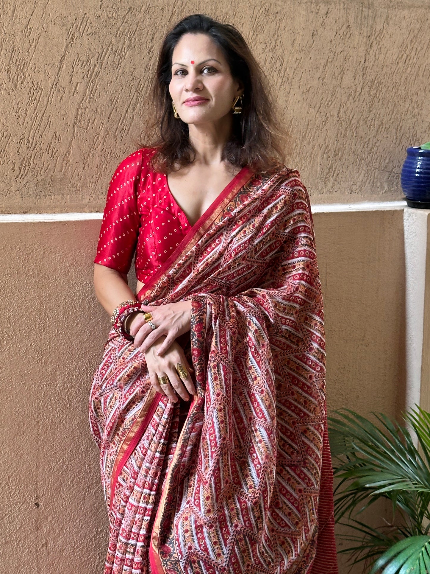 Red & Cream Natual Dyed Bagru Hand Block Print Chanderi Silk Sari with Gold Print