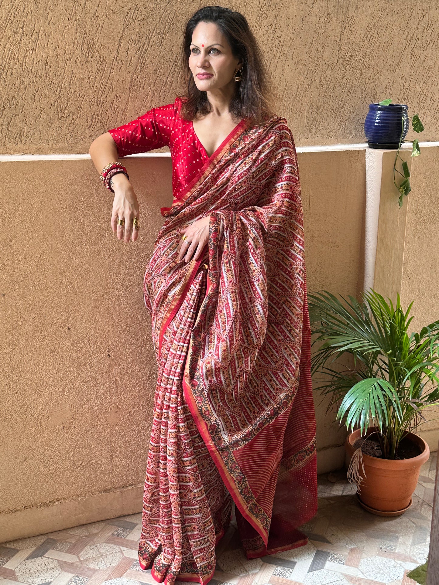 Red & Cream Natual Dyed Bagru Hand Block Print Chanderi Silk Sari with Gold Print