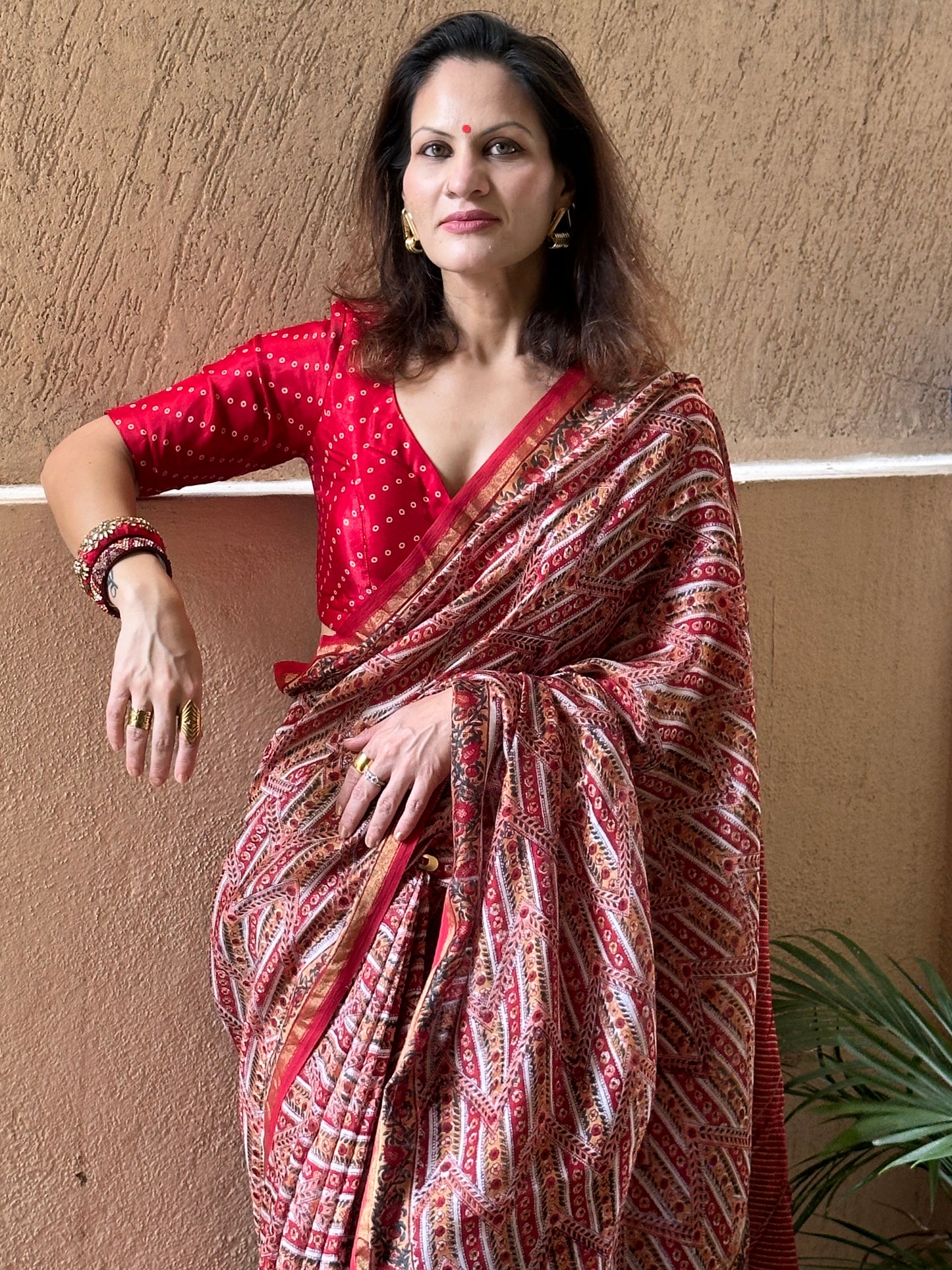 Red & Cream Natual Dyed Bagru Hand Block Print Chanderi Silk Sari with Gold Print