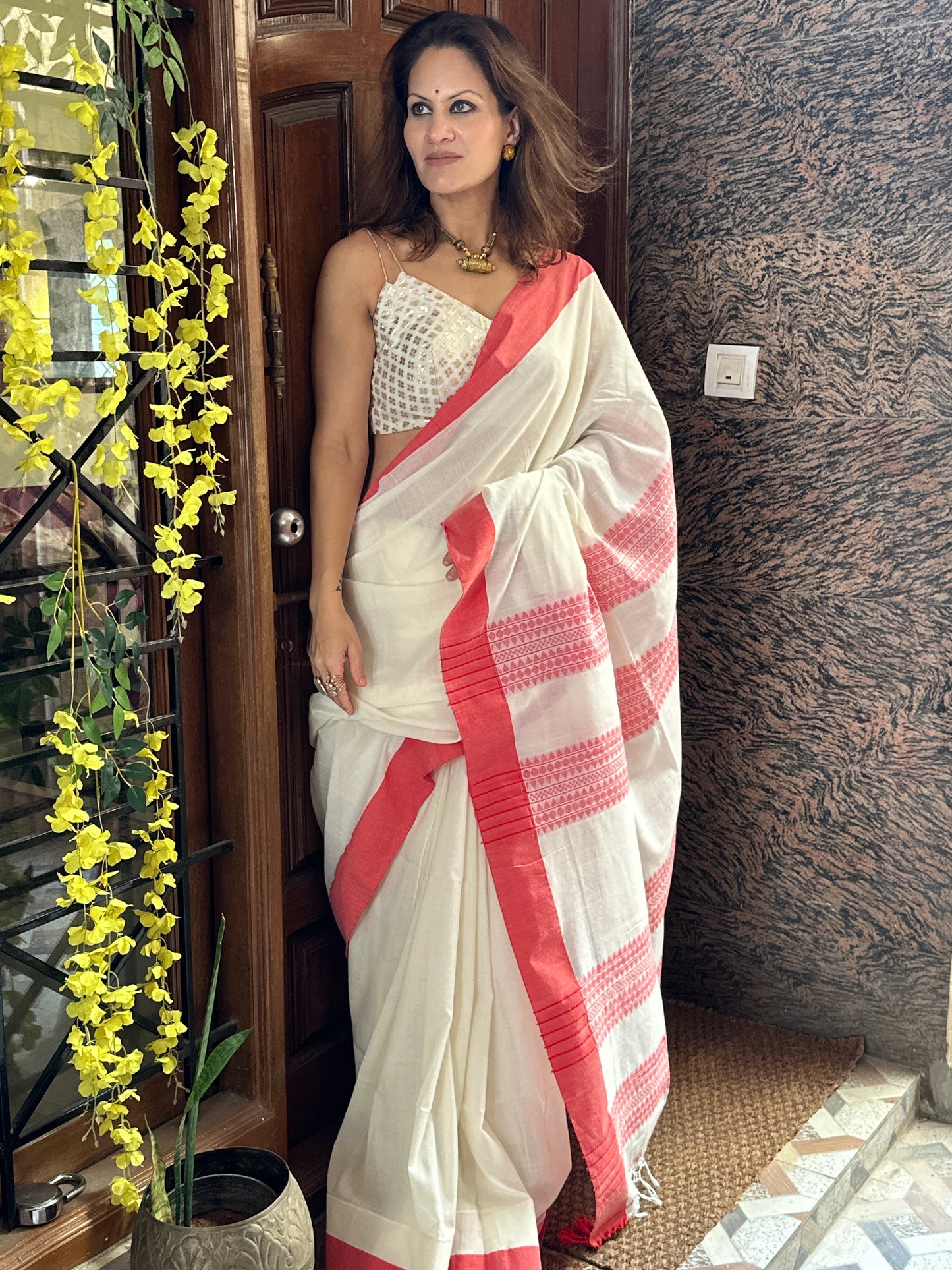 Cream Soft Handloom Cotton Saree with Red Border