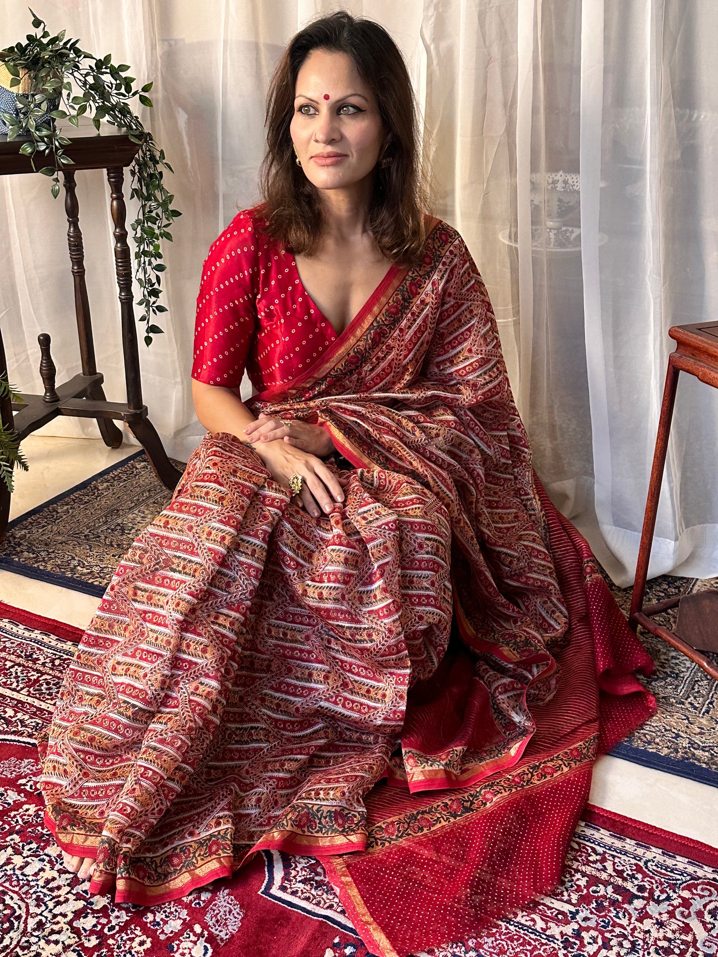 Red & Cream Natual Dyed Bagru Hand Block Print Chanderi Silk Sari with Gold Print