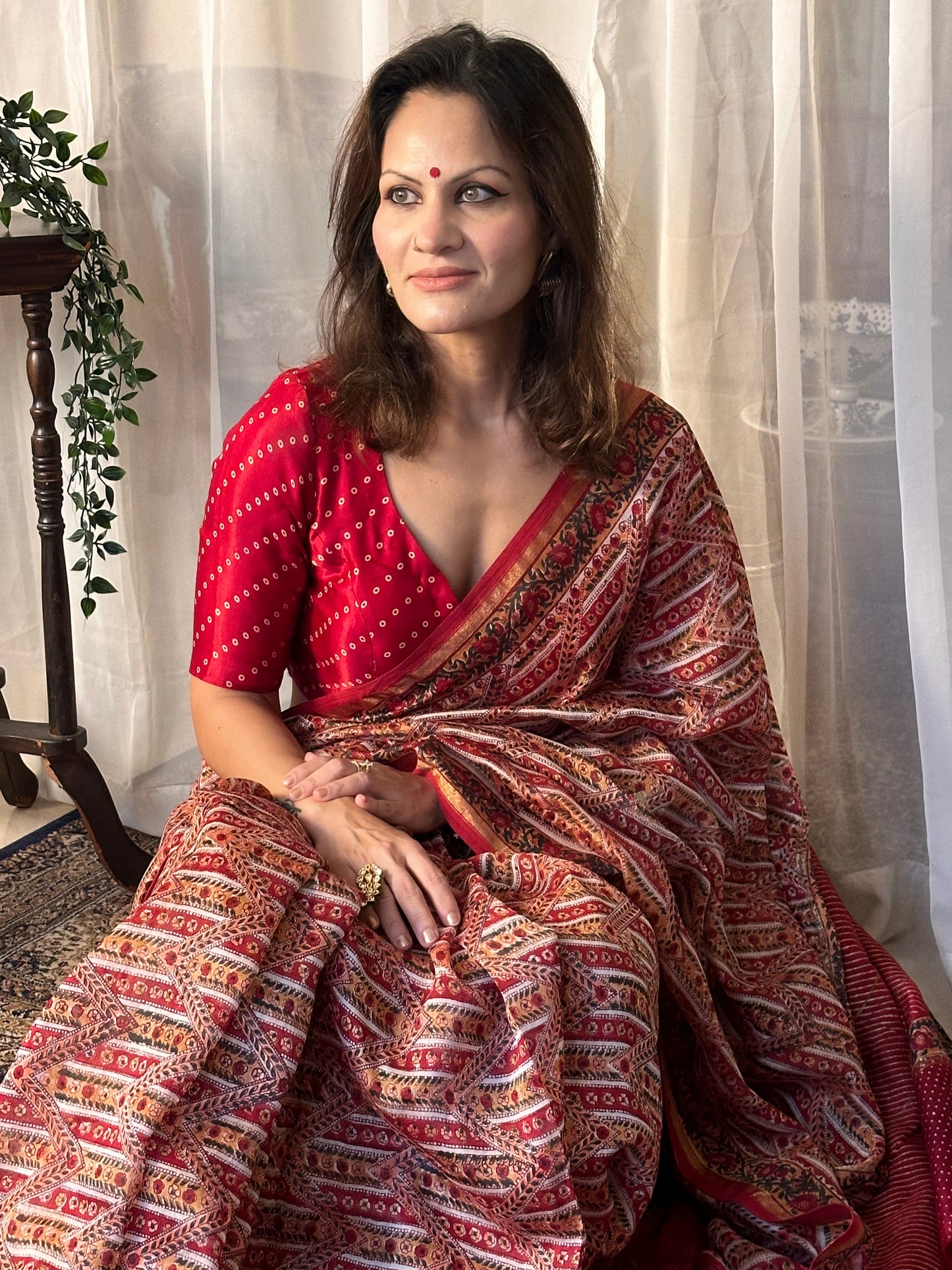 Red & Cream Natual Dyed Bagru Hand Block Print Chanderi Silk Sari with Gold Print