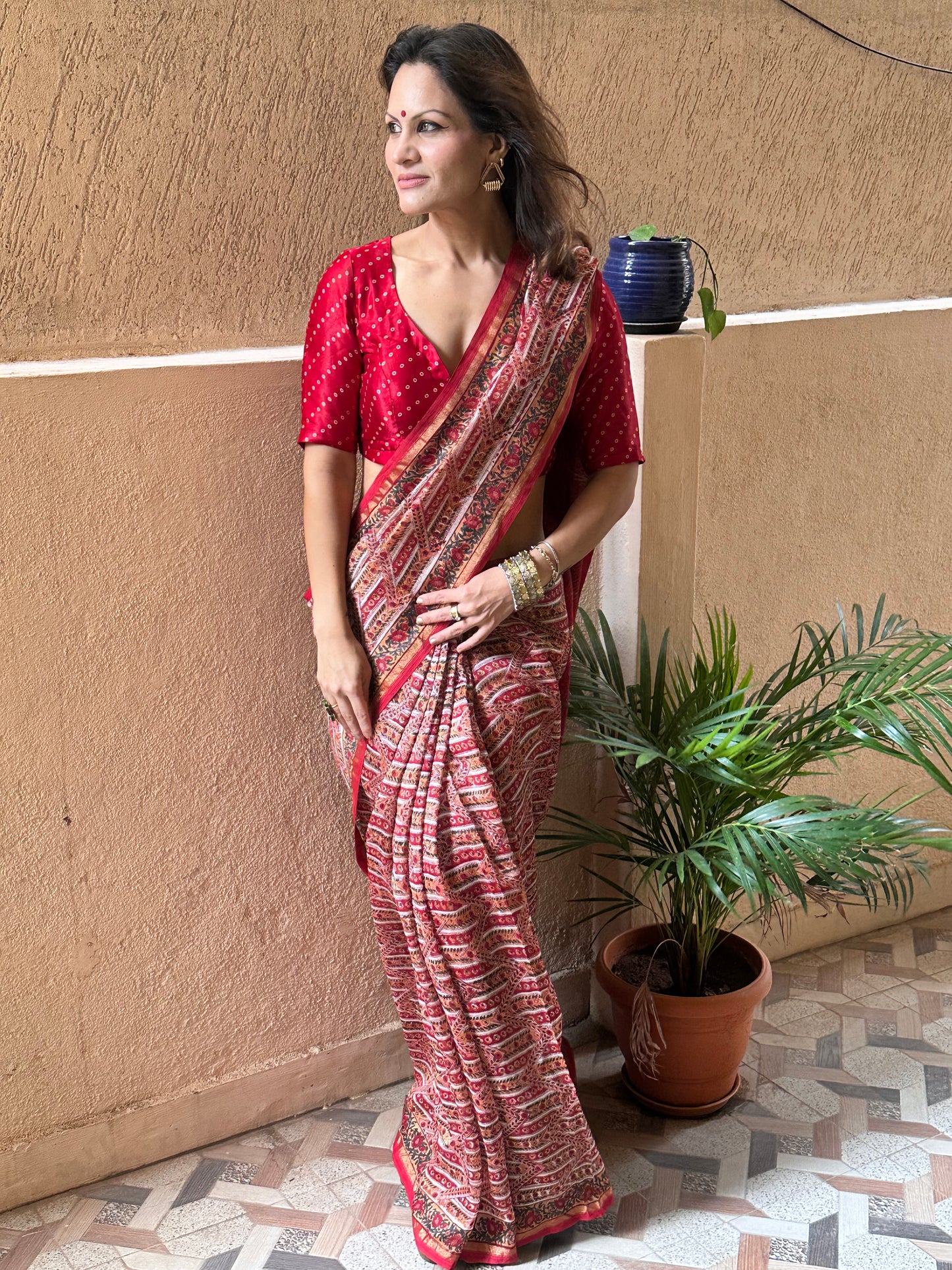 Red & Cream Natual Dyed Bagru Hand Block Print Chanderi Silk Sari with Gold Print