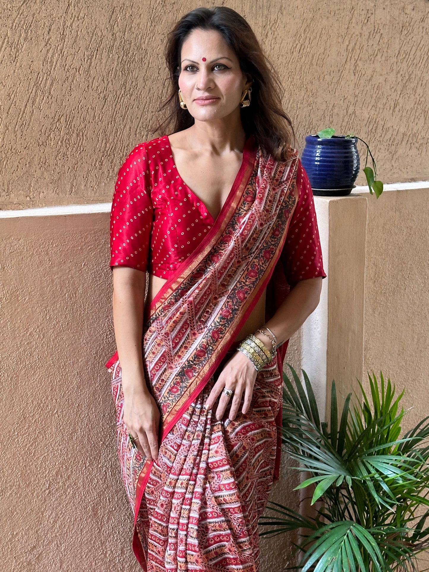 Red & Cream Natual Dyed Bagru Hand Block Print Chanderi Silk Sari with Gold Print