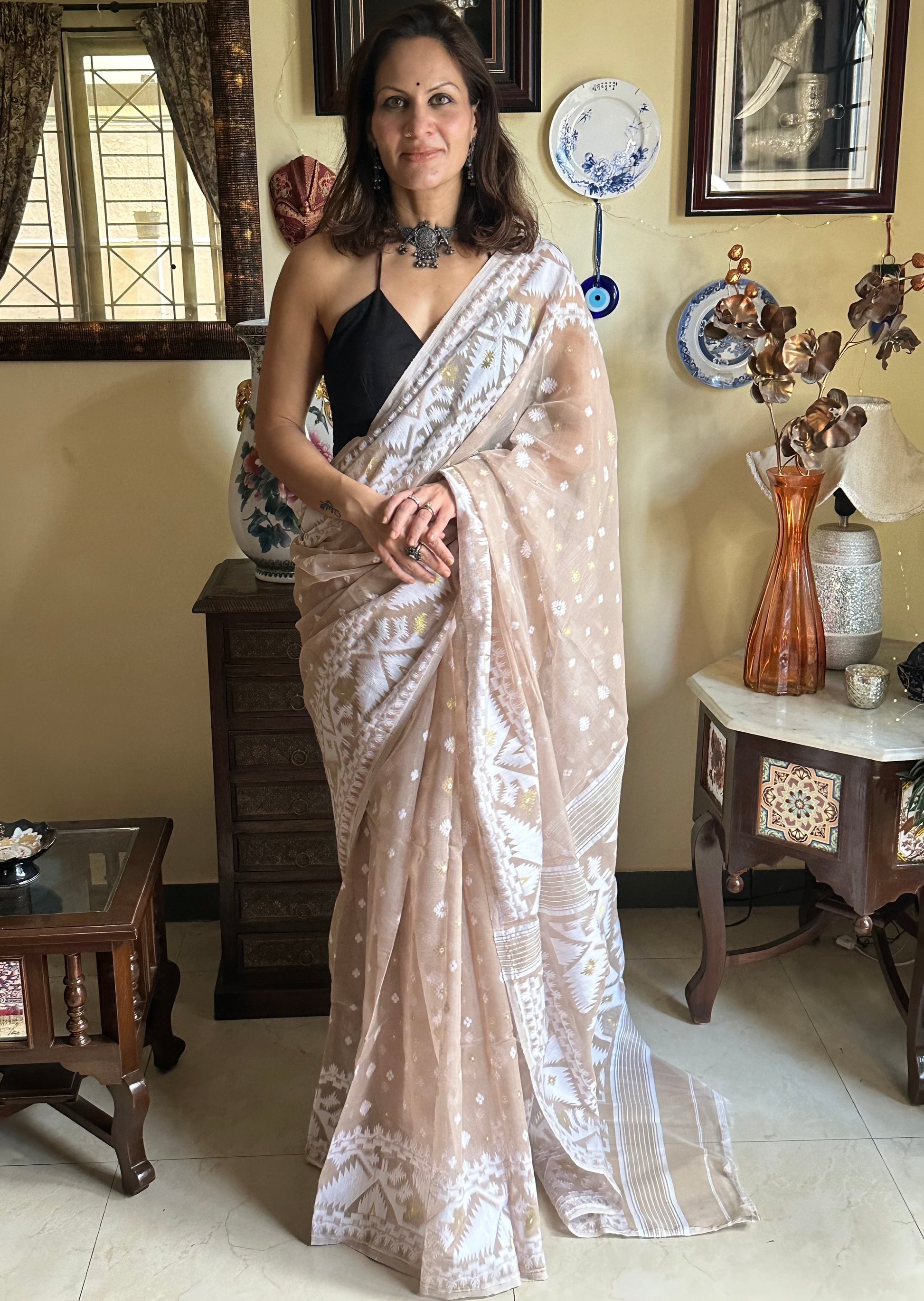 Beige Jacquard Weaving Cotton Silk Jamdani Sari - Raahini