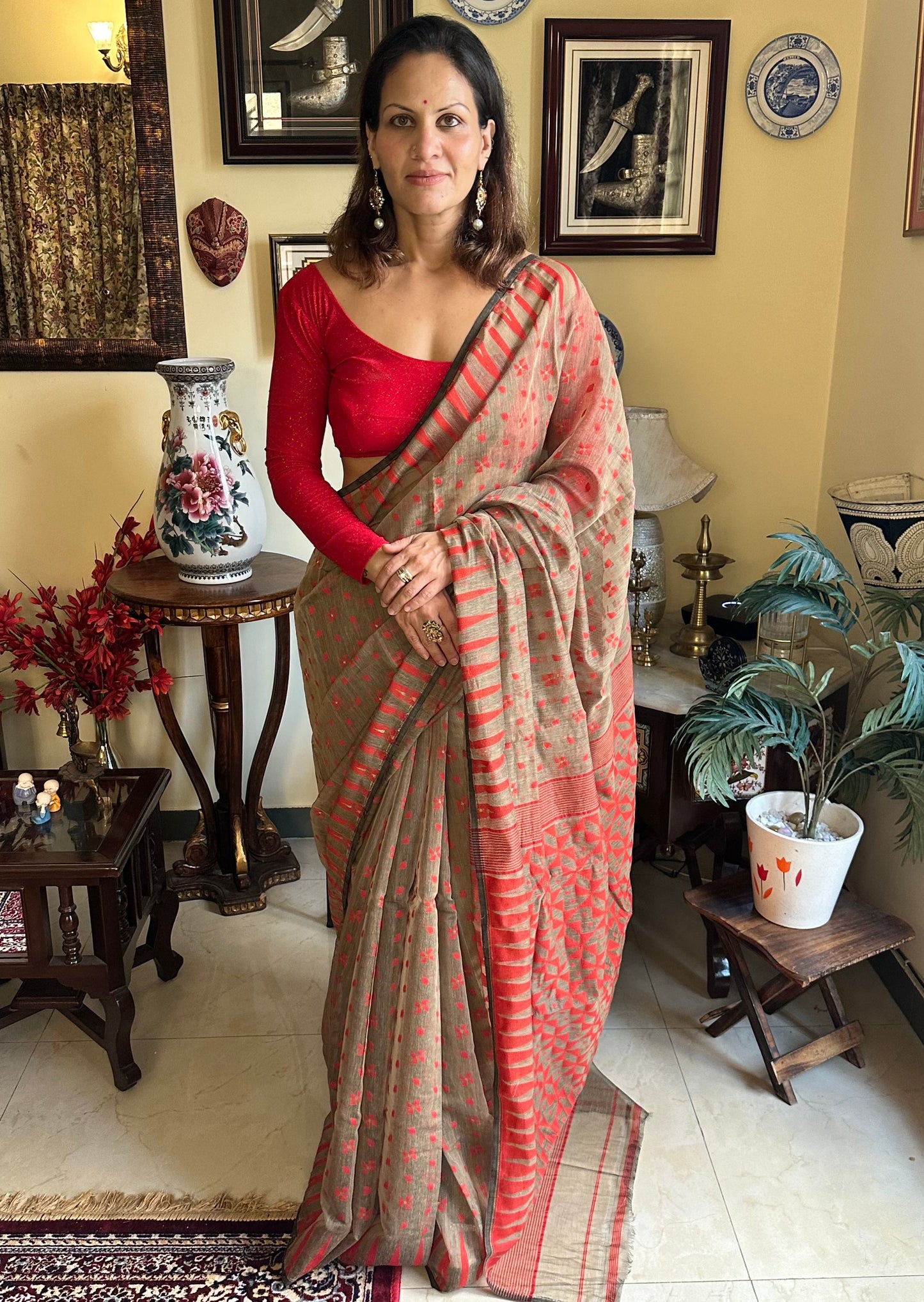 Brown Cotton Silk Jamdani Sari - Raahini