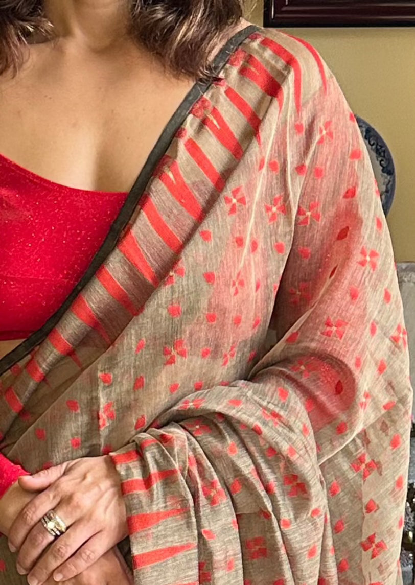 Brown Cotton Silk Jamdani Sari - Raahini