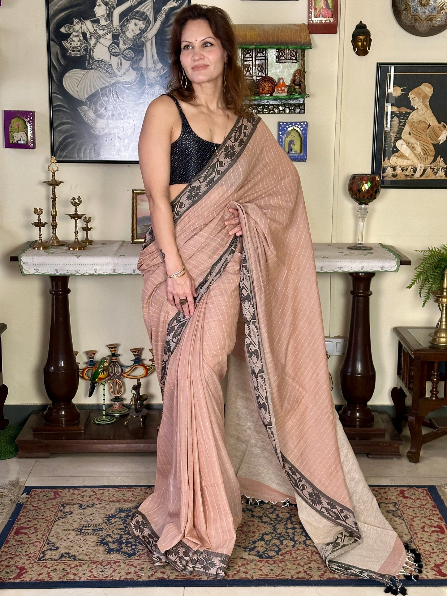 Peach Pure Handloom Cotton Saree with Gicha Stripes and Pallu