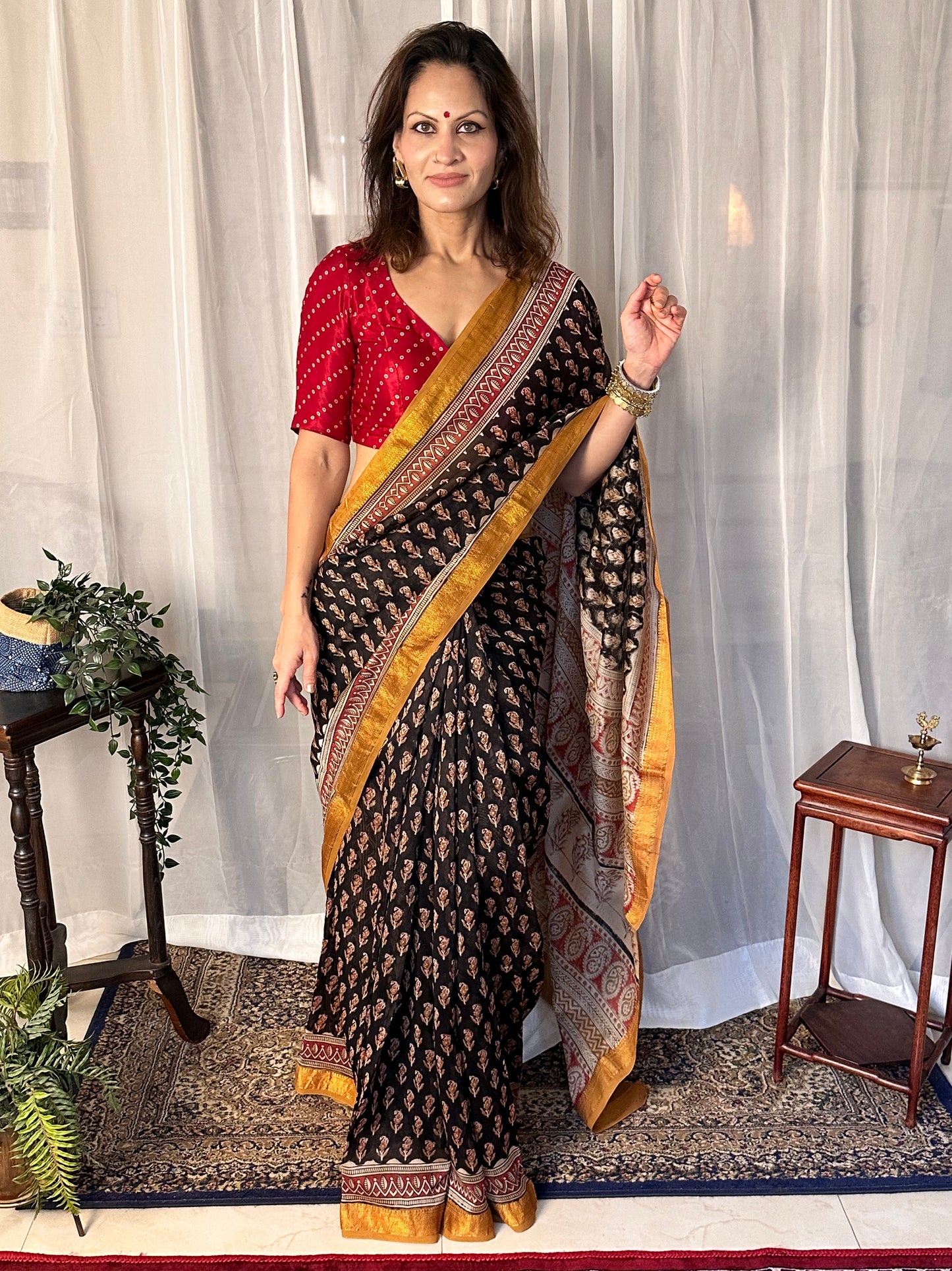 Black Natural Hand Dyed Bagru Print Maheshwari Sari