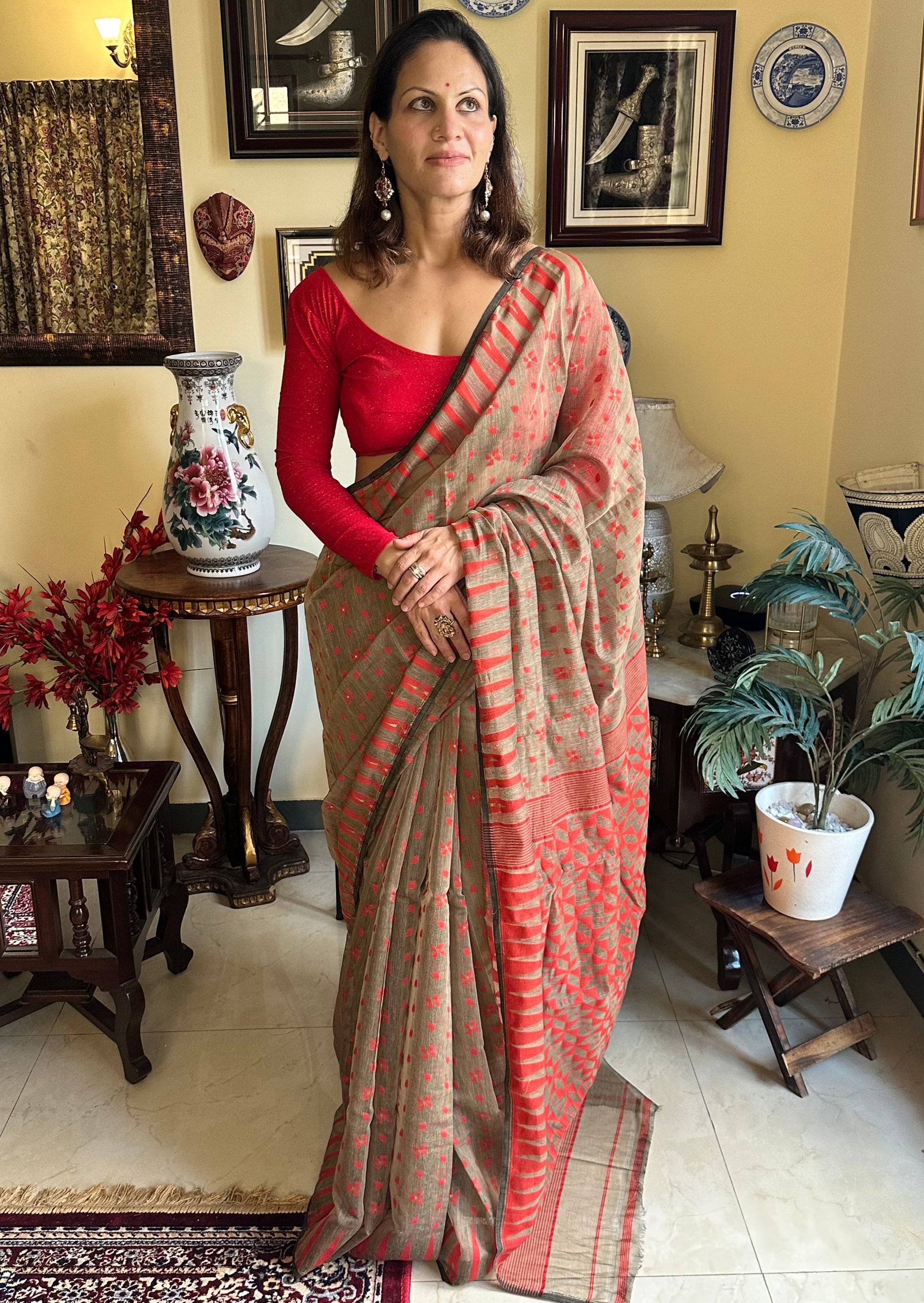 Brown Cotton Silk Jamdani Sari - Raahini