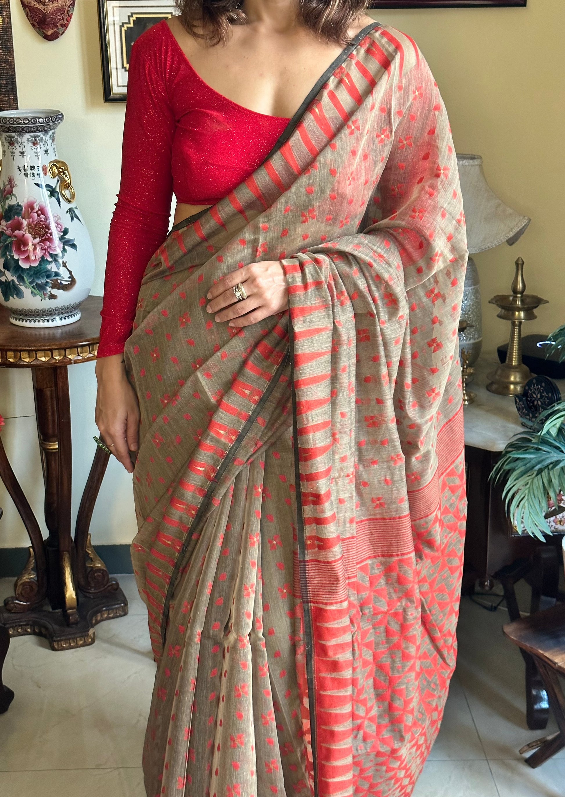 Brown Cotton Silk Jamdani Sari - Raahini