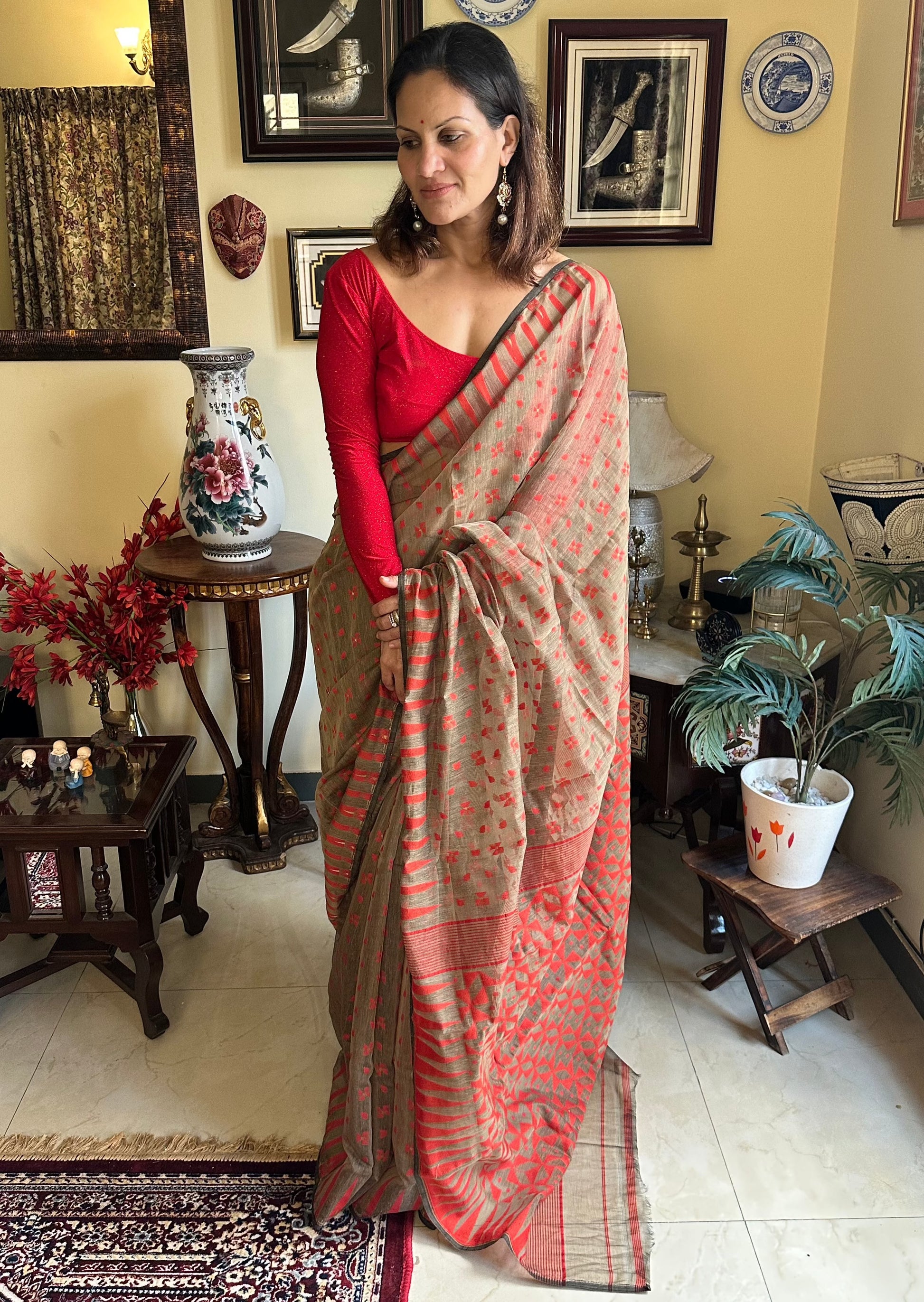 Brown Cotton Silk Jamdani Sari - Raahini