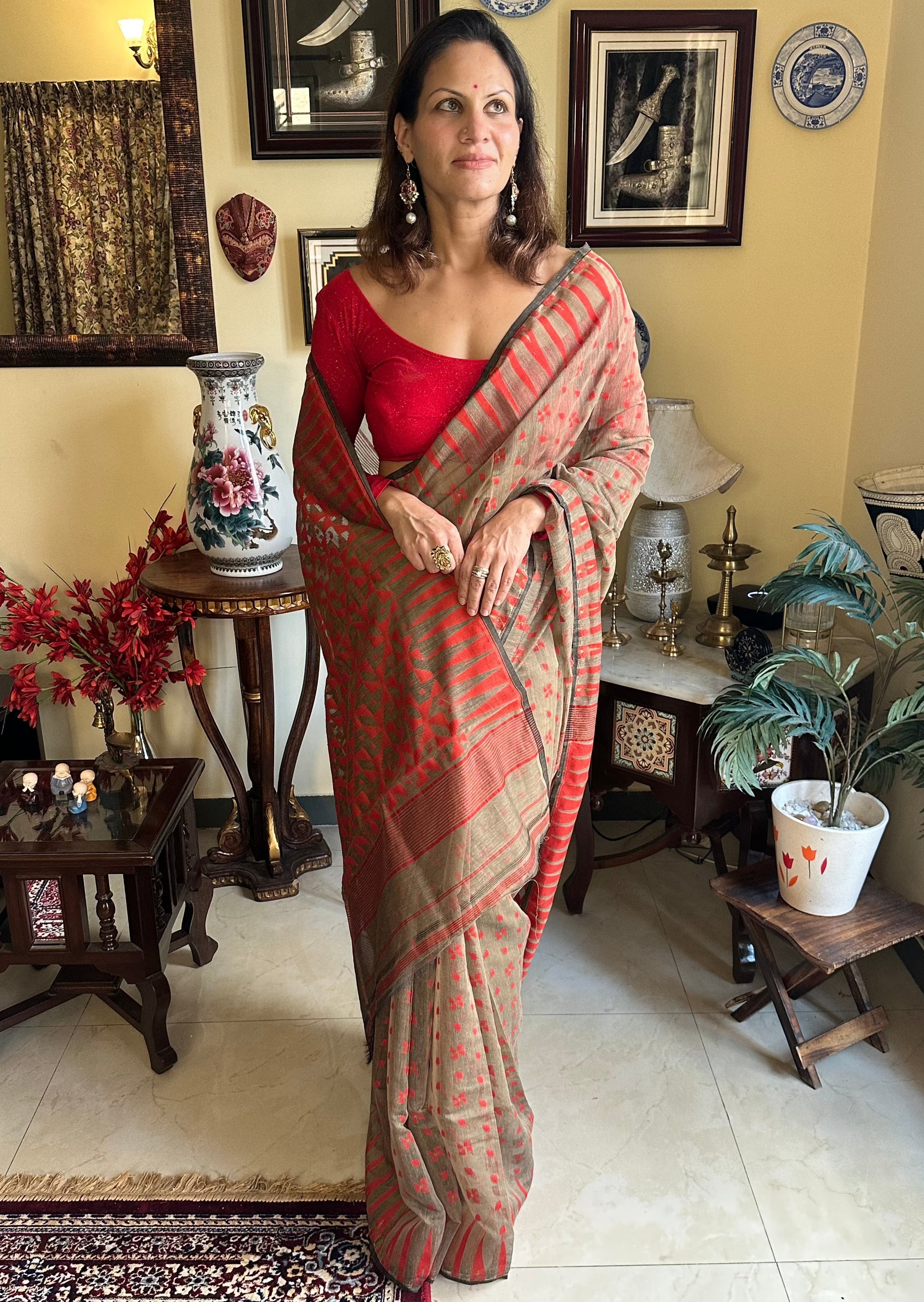 Brown Cotton Silk Jamdani Sari - Raahini