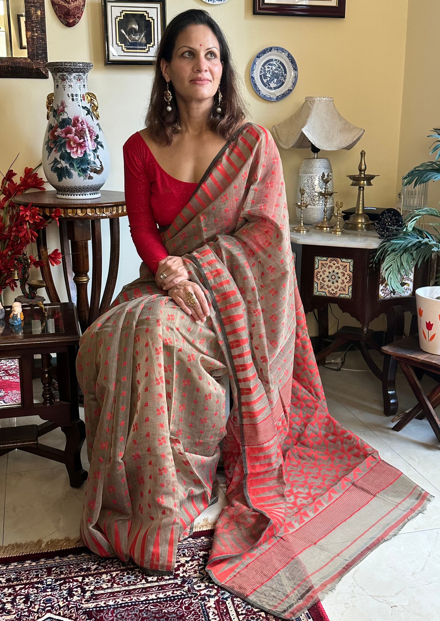 Brown Cotton Silk Jamdani Sari - Raahini