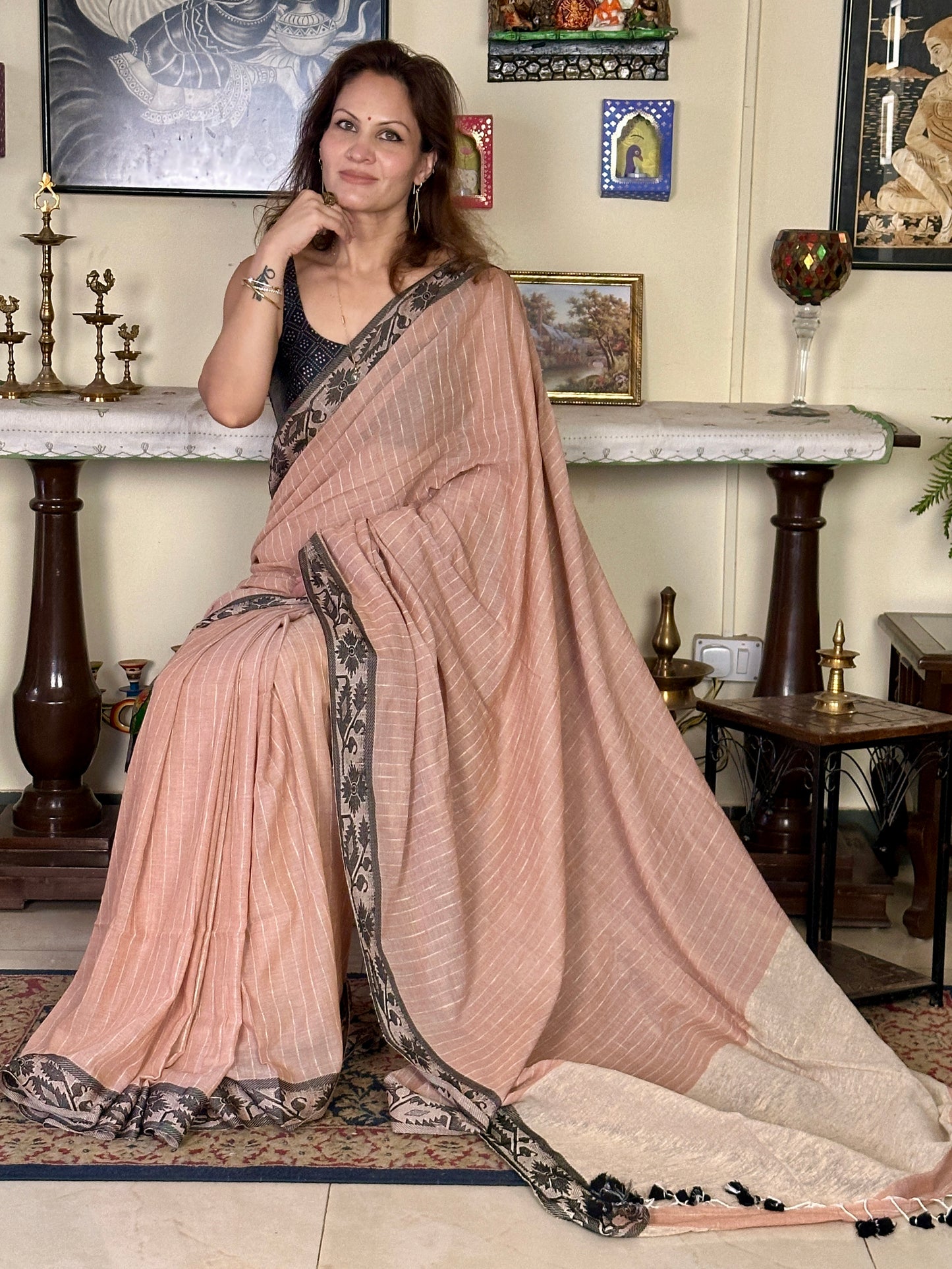 Peach Pure Handloom Cotton Saree with Gicha Stripes and Pallu