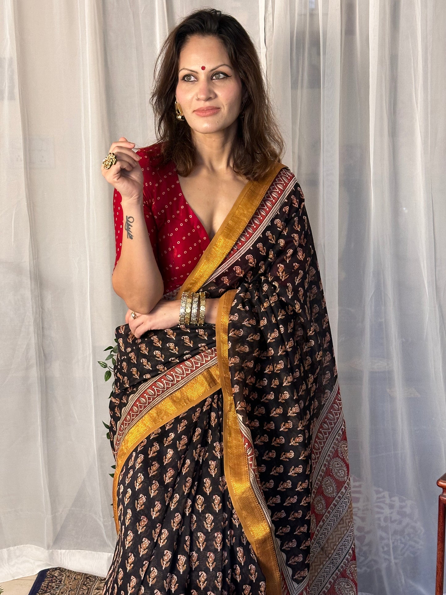 Black Natural Hand Dyed Bagru Print Maheshwari Sari