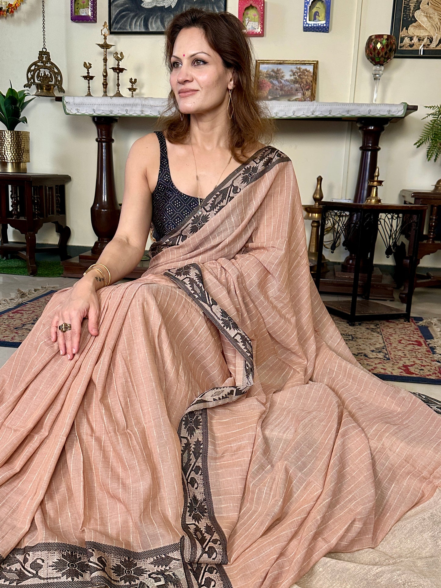 Peach Pure Handloom Cotton Saree with Gicha Stripes and Pallu