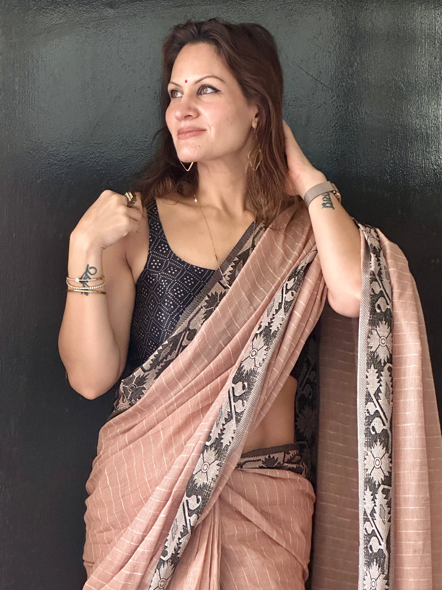 Peach Pure Handloom Cotton Saree with Gicha Stripes and Pallu