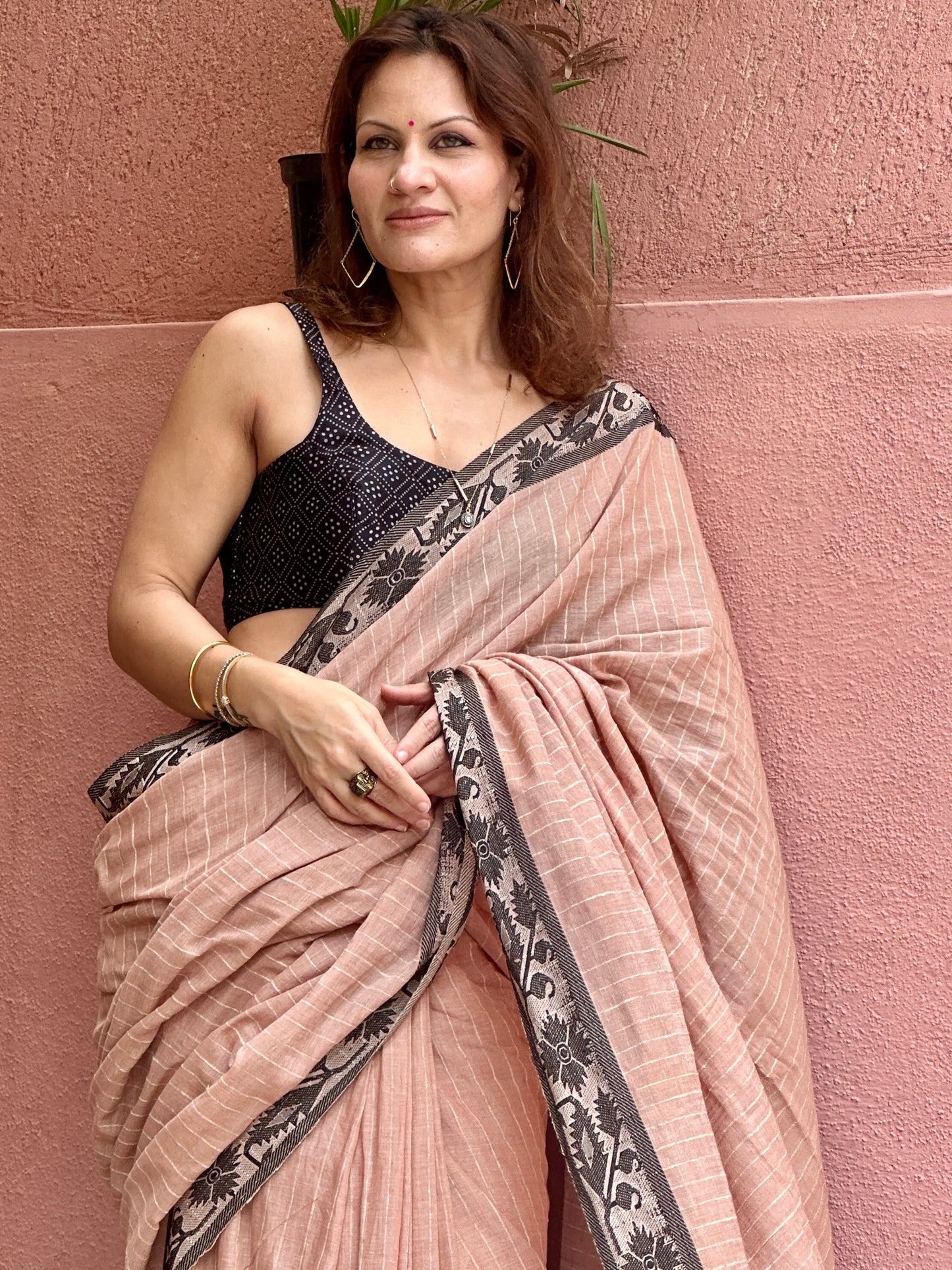 Peach Pure Handloom Cotton Saree with Gicha Stripes and Pallu