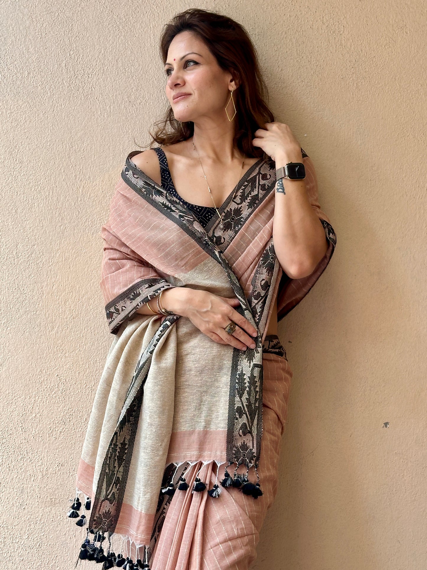 Peach Pure Handloom Cotton Saree with Gicha Stripes and Pallu