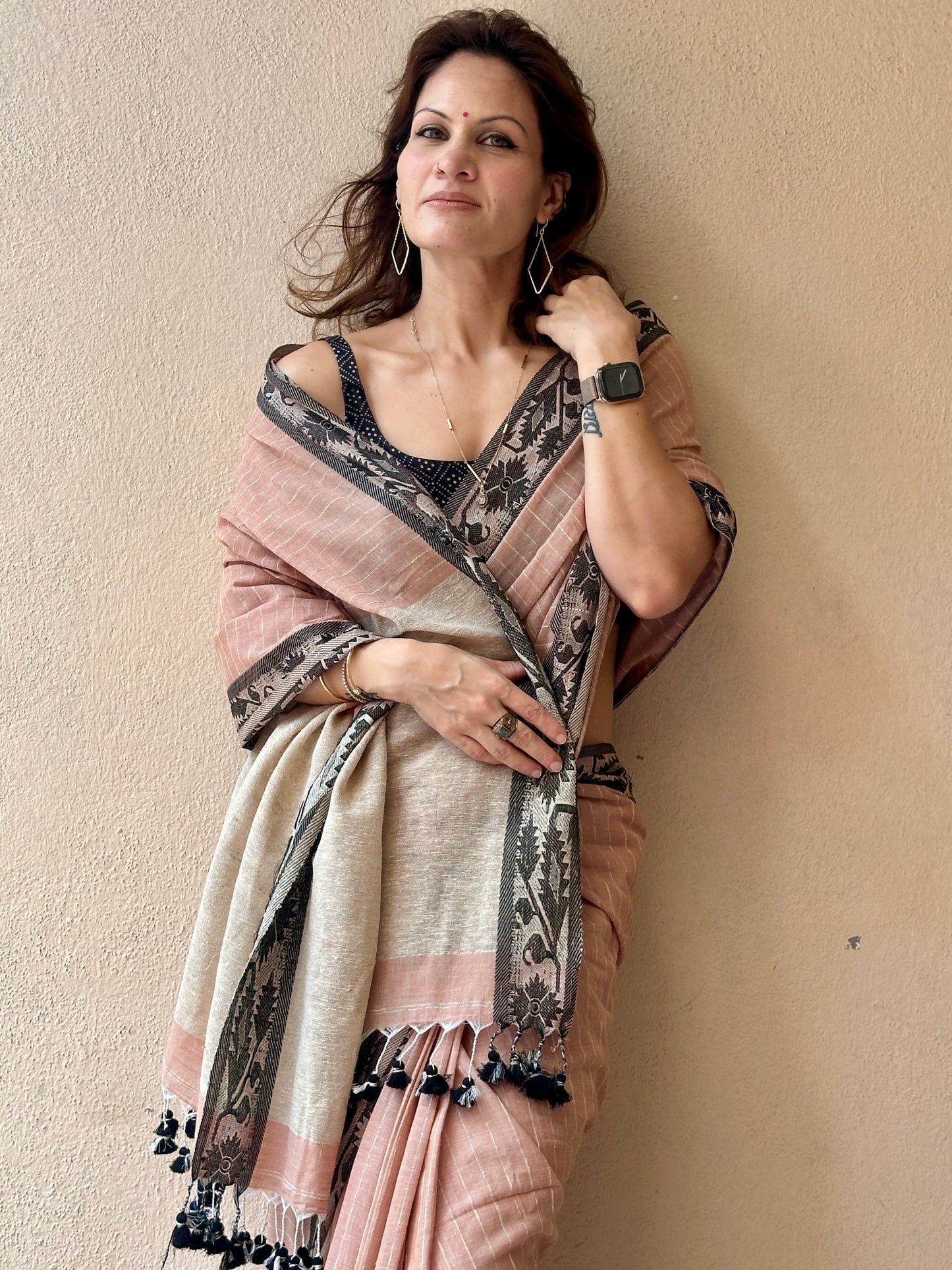 Peach Pure Handloom Cotton Saree with Gicha Stripes and Pallu