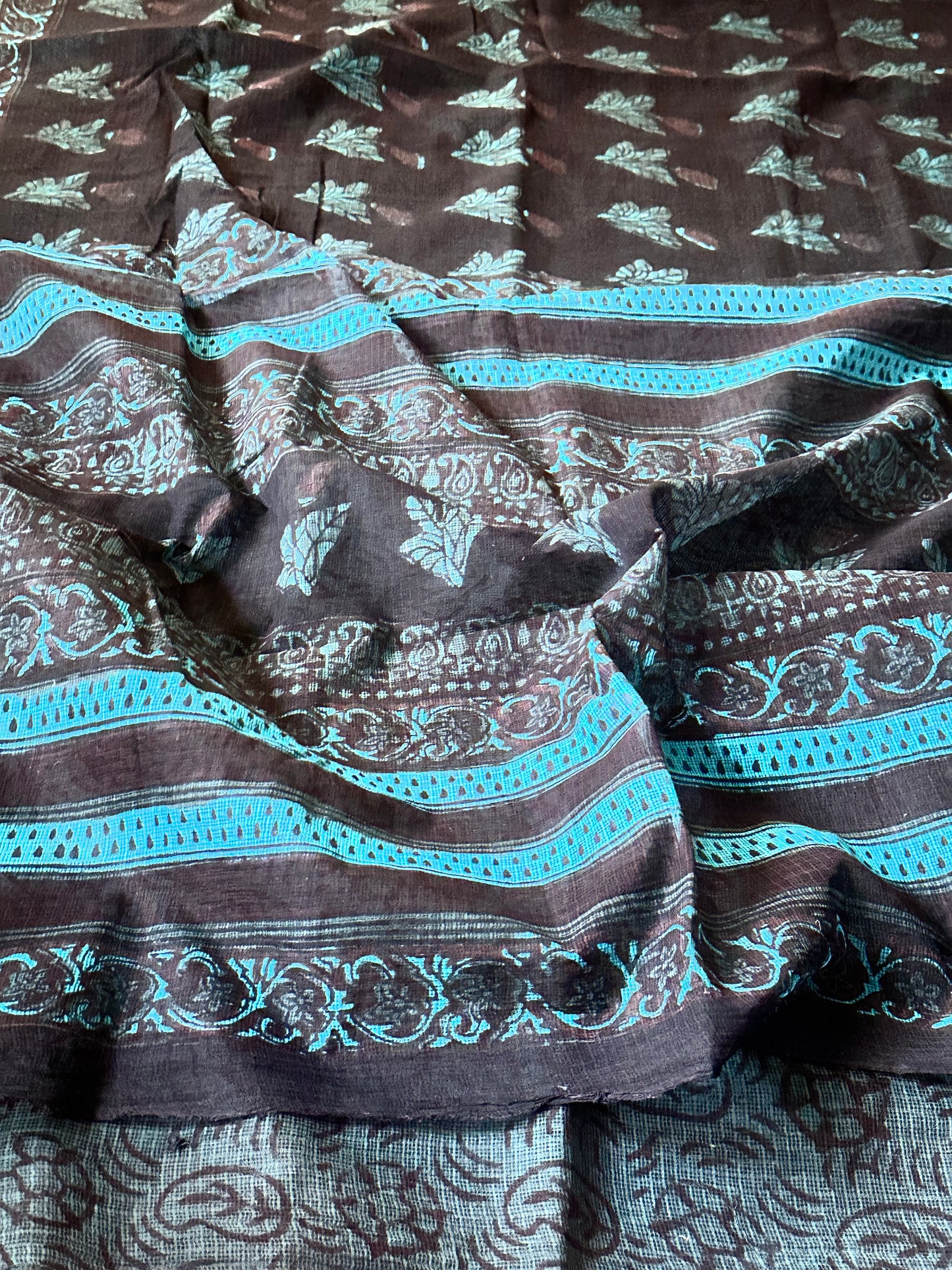 Black & Blue Natural Vanaspati Block Print Kota Cotton Sari