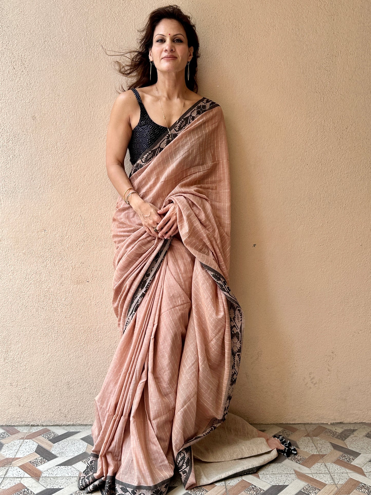 Peach Pure Handloom Cotton Saree with Gicha Stripes and Pallu