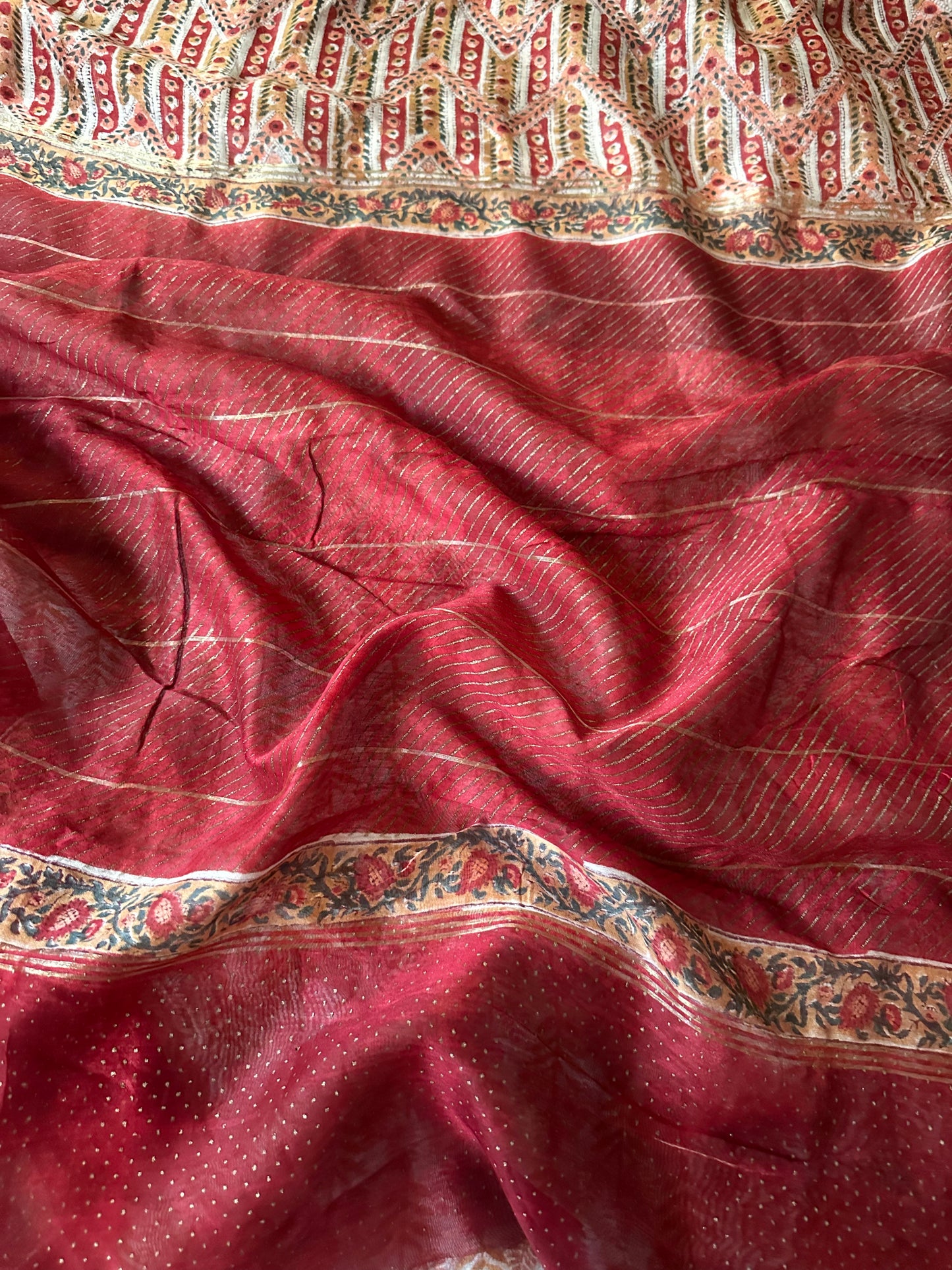 Red & Cream Natual Dyed Bagru Hand Block Print Chanderi Silk Sari with Gold Print