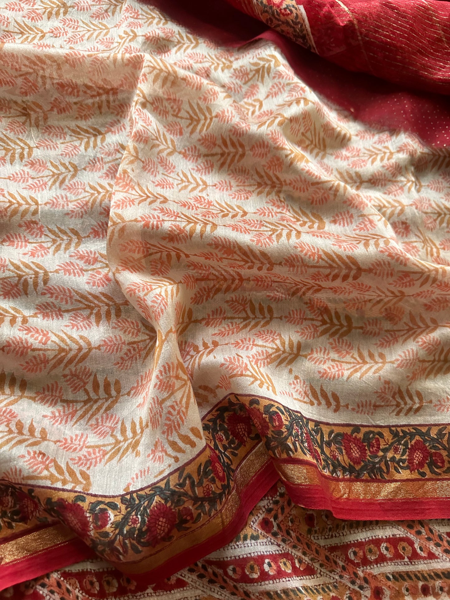 Red & Cream Natual Dyed Bagru Hand Block Print Chanderi Silk Sari with Gold Print