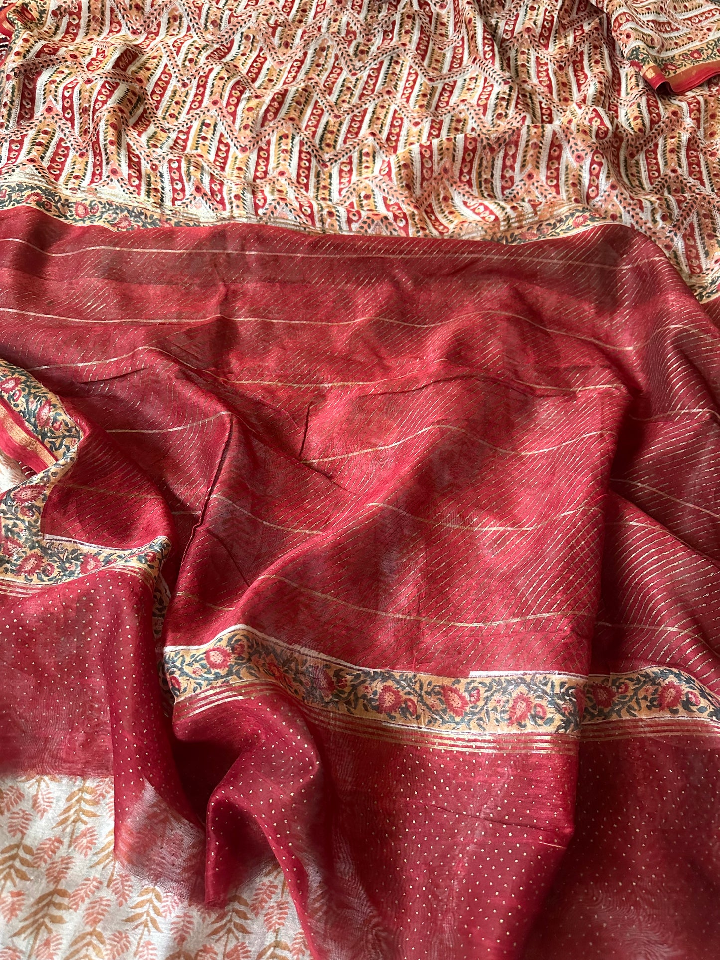 Red & Cream Natual Dyed Bagru Hand Block Print Chanderi Silk Sari with Gold Print