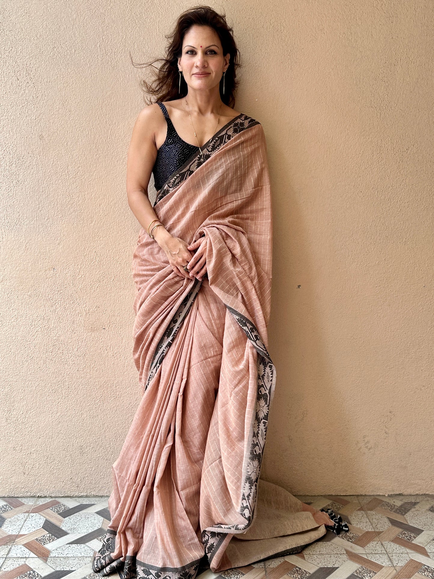 Peach Pure Handloom Cotton Saree with Gicha Stripes and Pallu