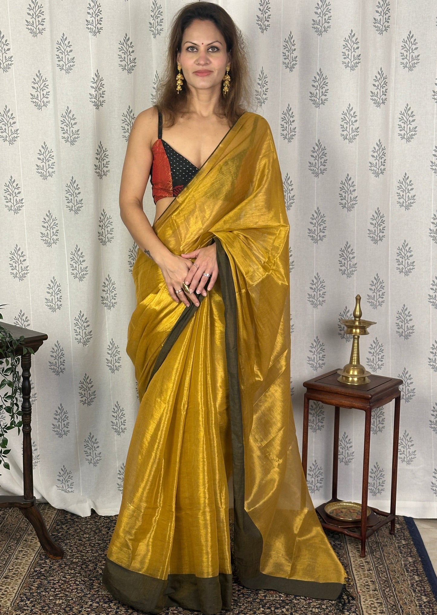 Gold Pure Mul Mul Handwoven Tissue Cotton Saree with Thick Black Border