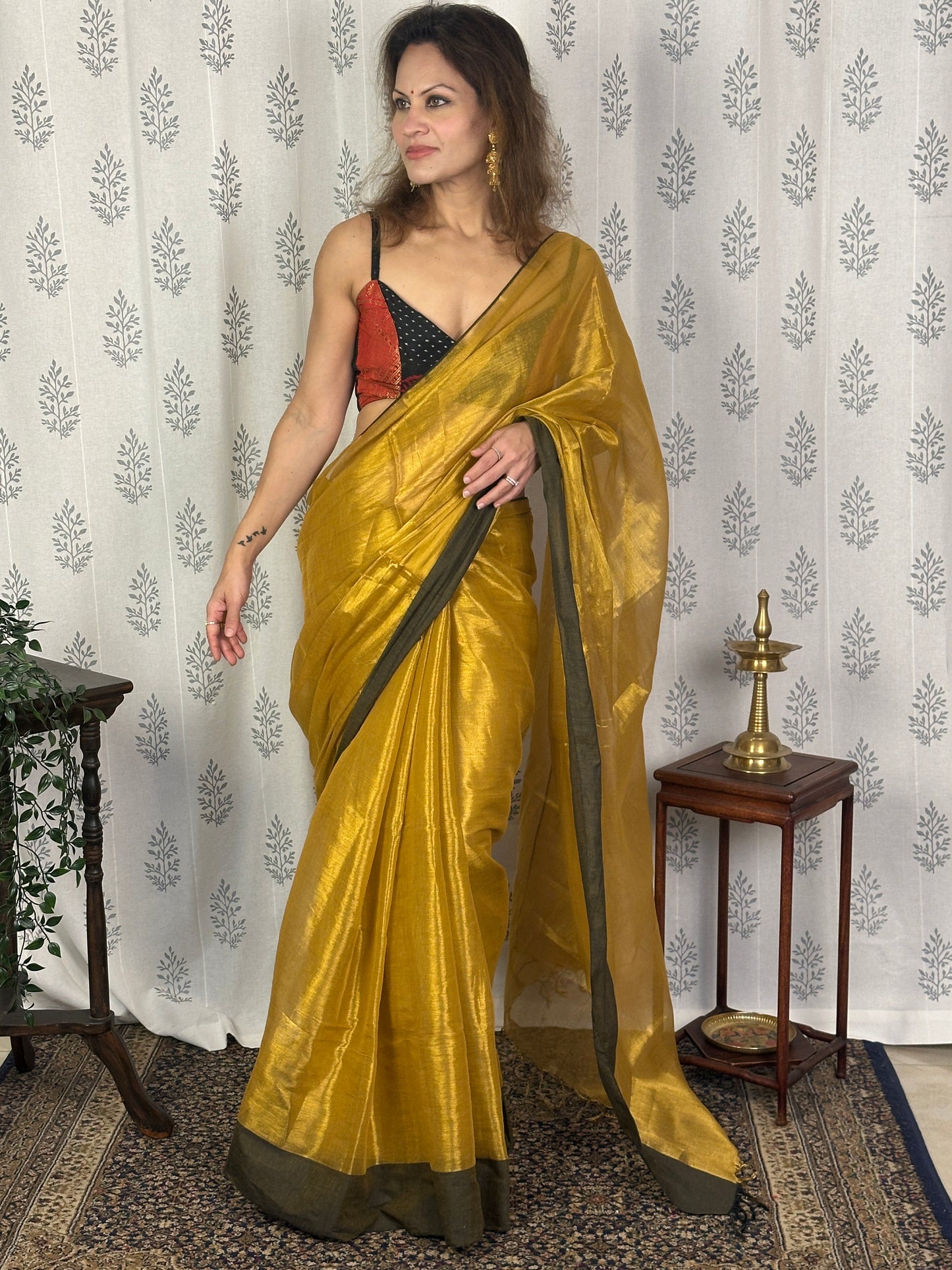 Gold Pure Mul Mul Handwoven Tissue Cotton Saree with Thick Black Border