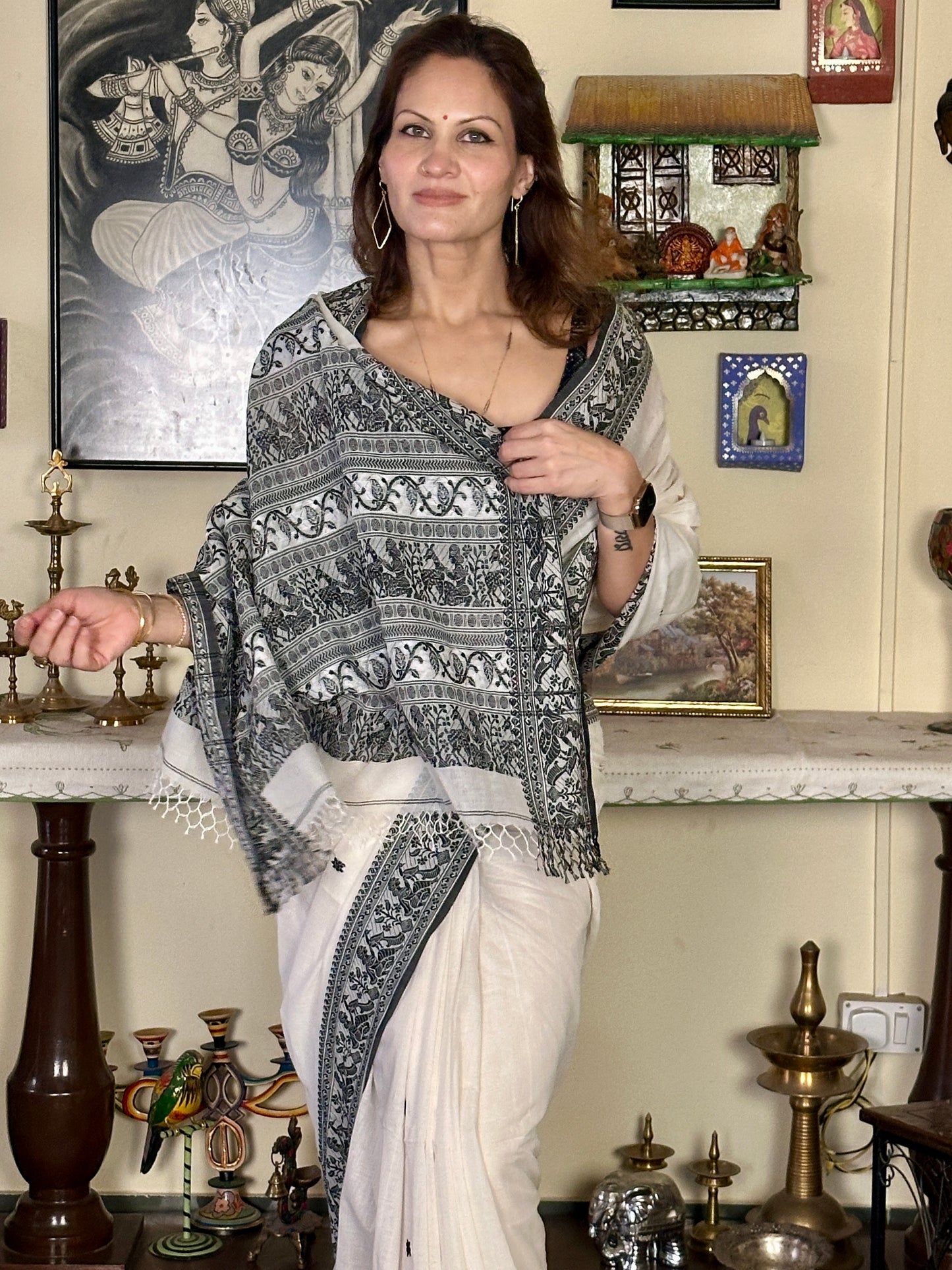 White Pure Cotton Baluchari Saree with Black Weaving