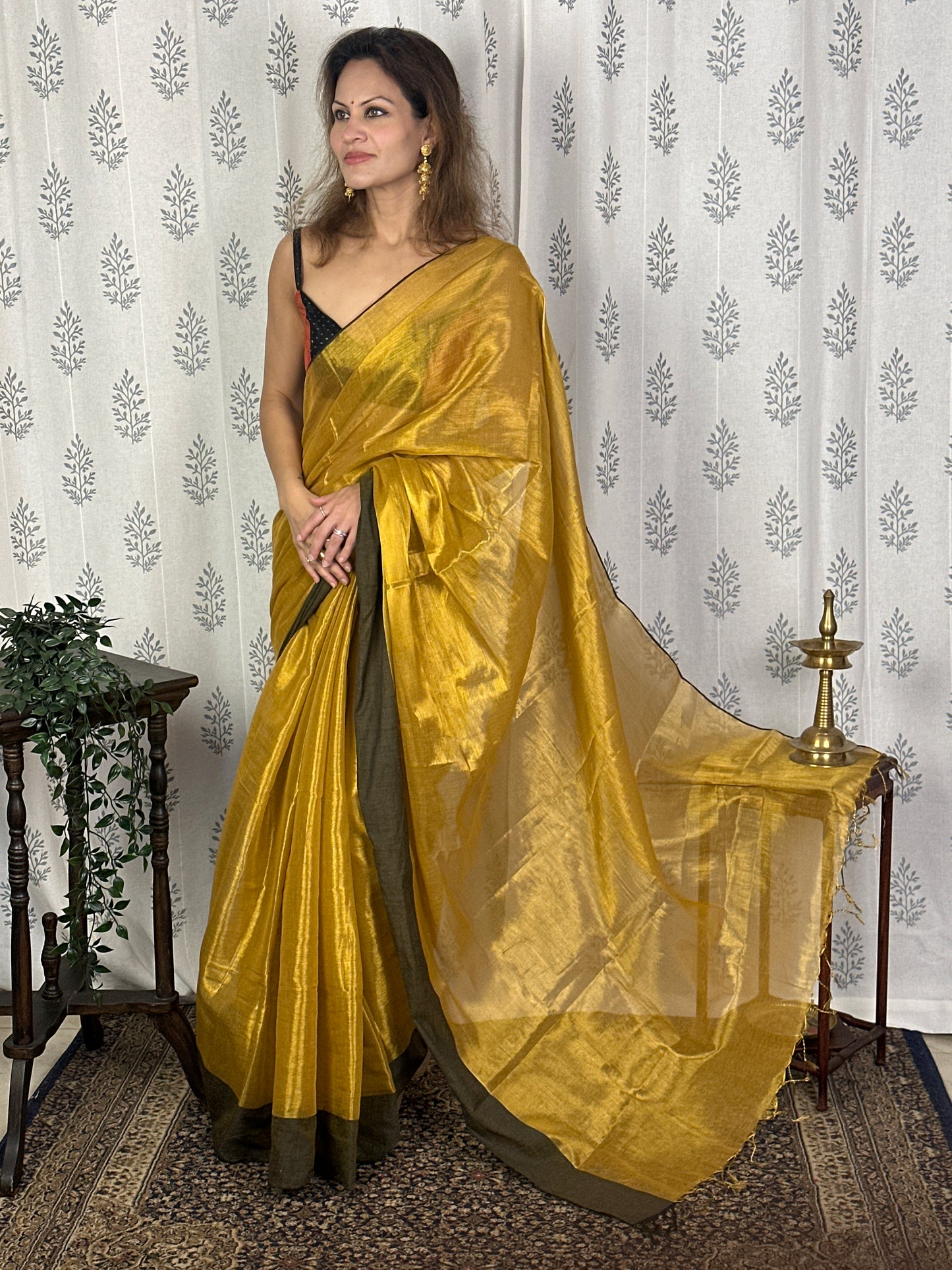 Gold Pure Mul Mul Handwoven Tissue Cotton Saree with Thick Black Border