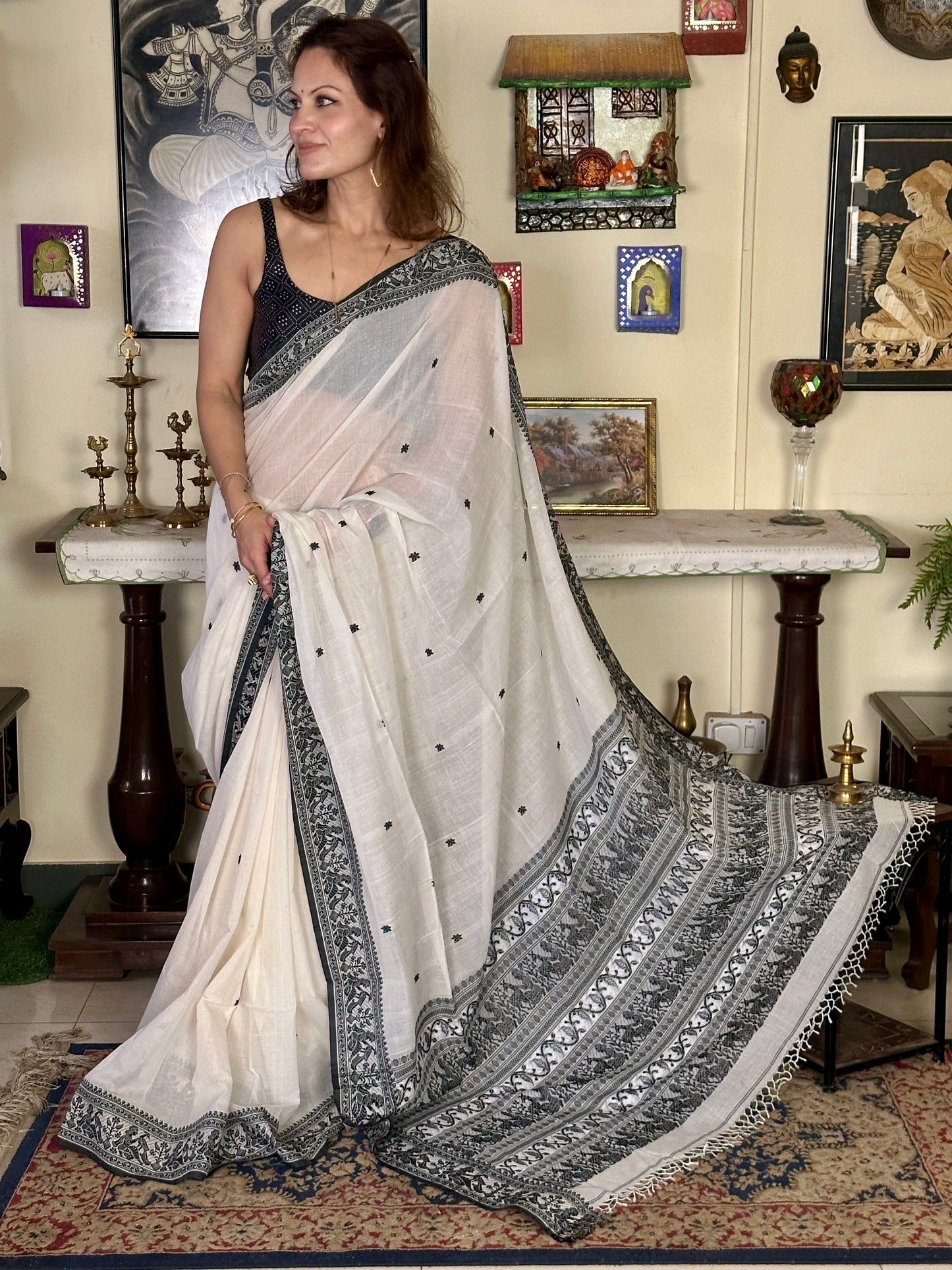 White Pure Cotton Baluchari Saree with Black Weaving
