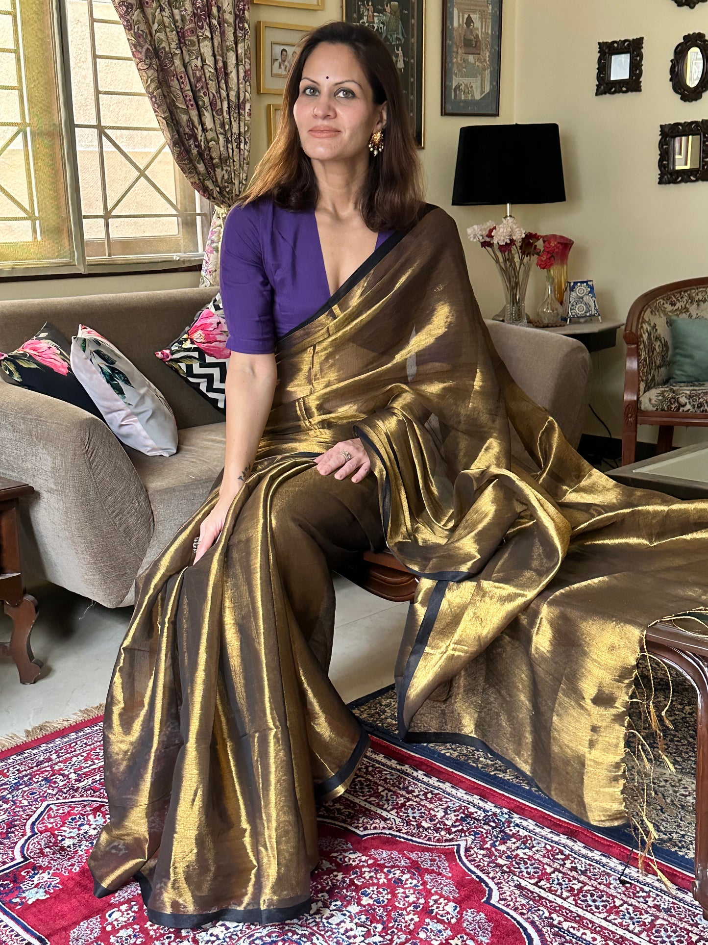 Antique Gold Pure Mul Mul Handwoven Tissue Cotton Sari with Black Border - Raahini