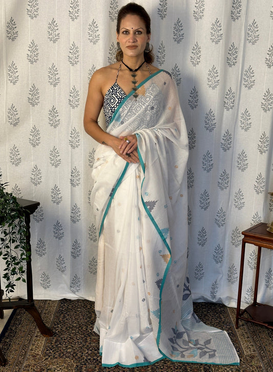 White Intricate Needle Work Jamdani Sari with Blue Border