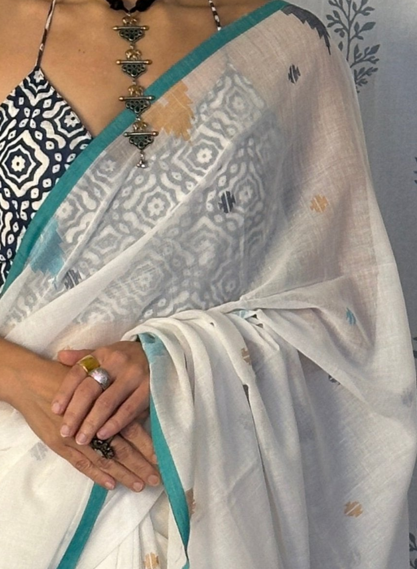 White Intricate Needle Work Jamdani Sari with Blue Border