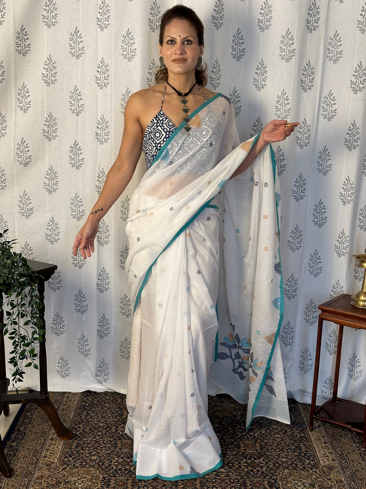 White Intricate Needle Work Jamdani Sari with Blue Border