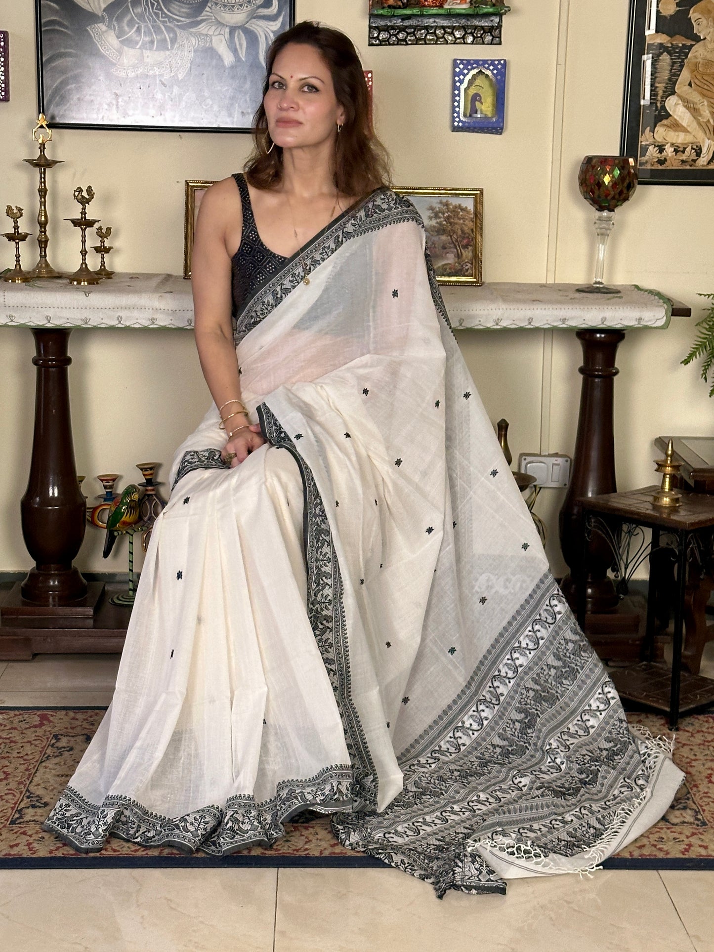 White Pure Cotton Baluchari Saree with Black Weaving